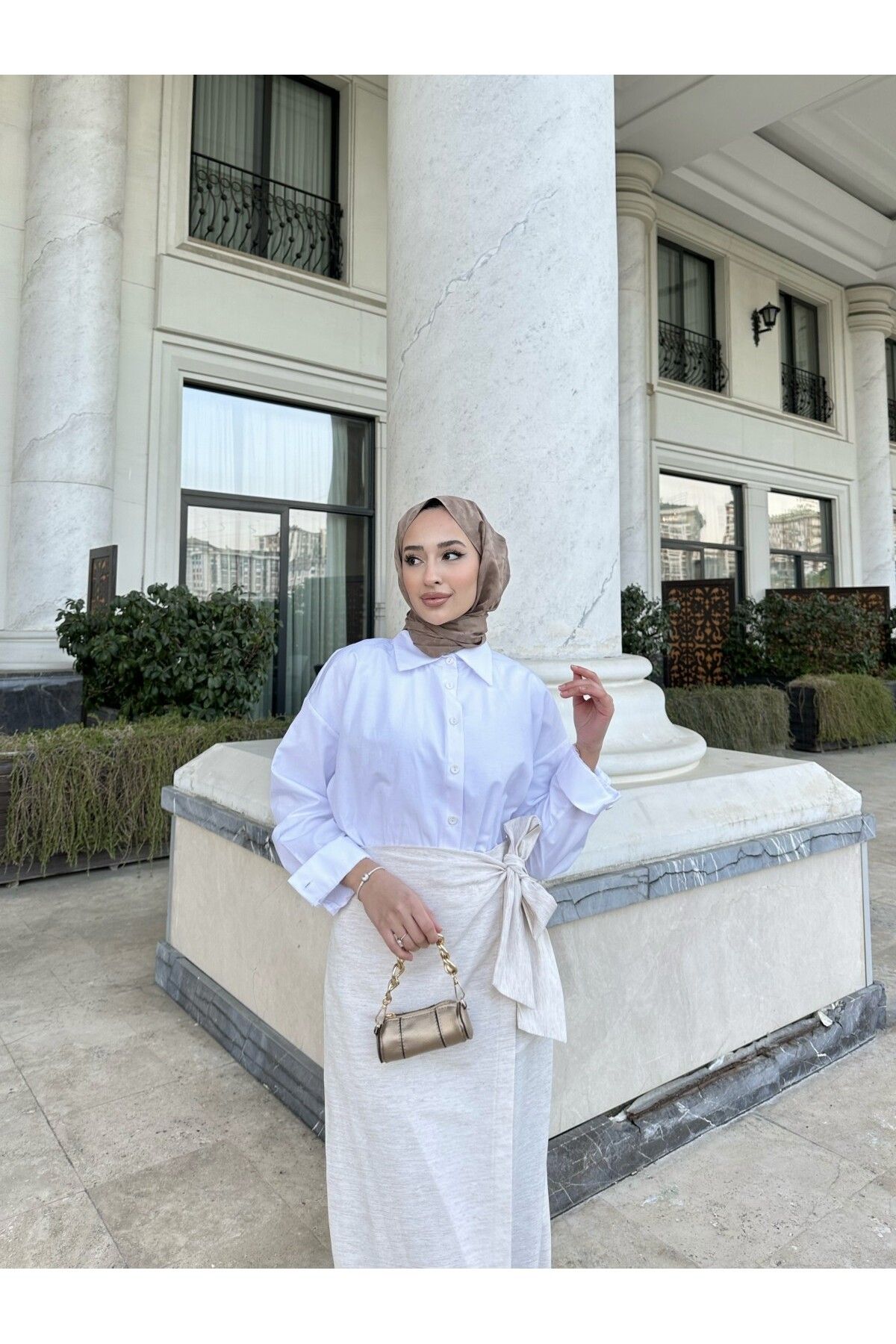 Trend Marfa Naturel Keten Bağlamalı Etek