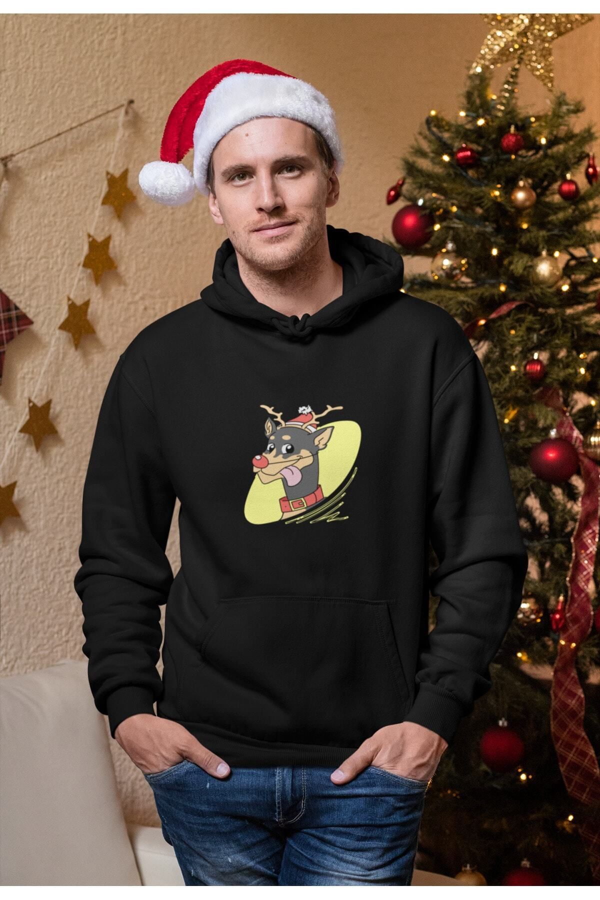 Pisa Art Unisex Siyah Yılbaşı Ren Geyiği Noel Baskılı Kapüşonlu Sweatshirt