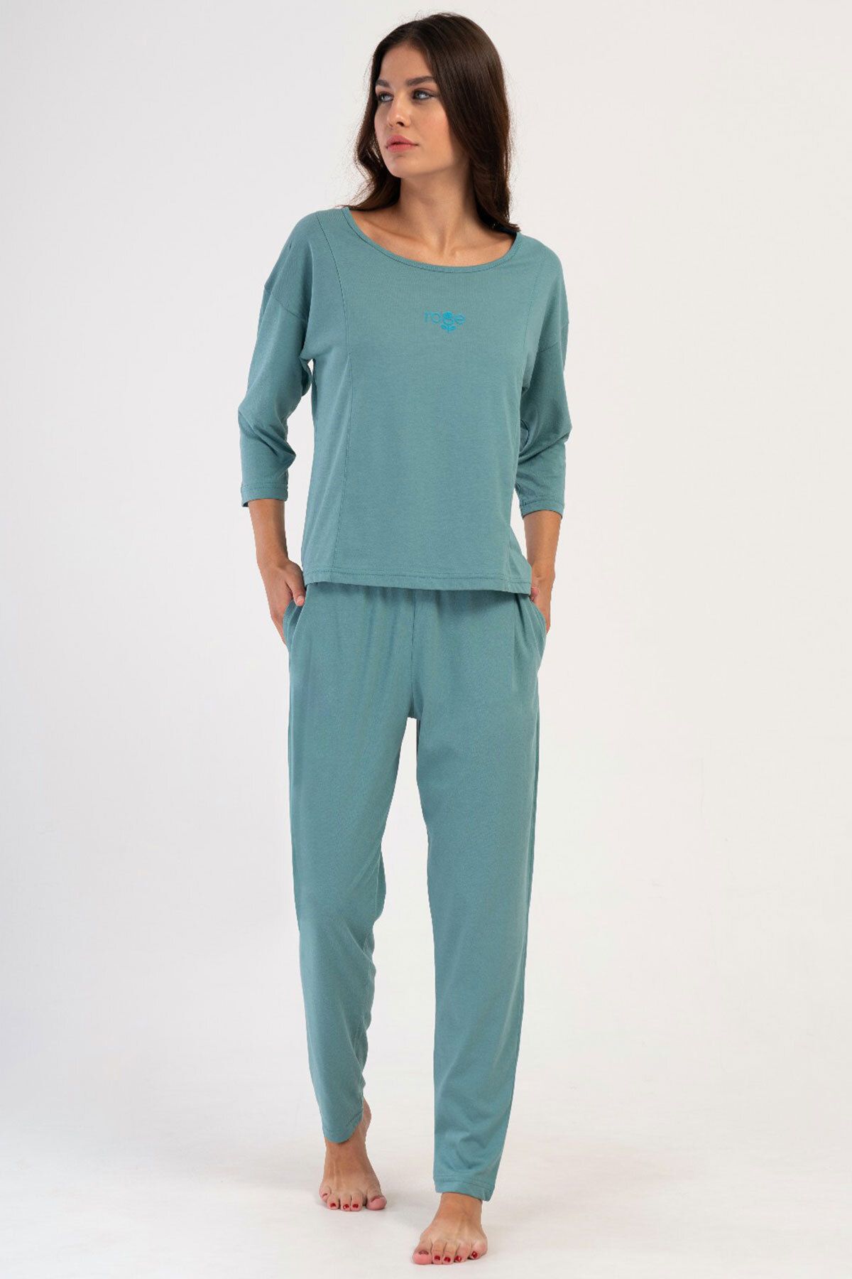 VİENETTA Pamuklu Kadın Düşük Omuzlu 3/4Kol Pılelı Pijama Takım , 403315