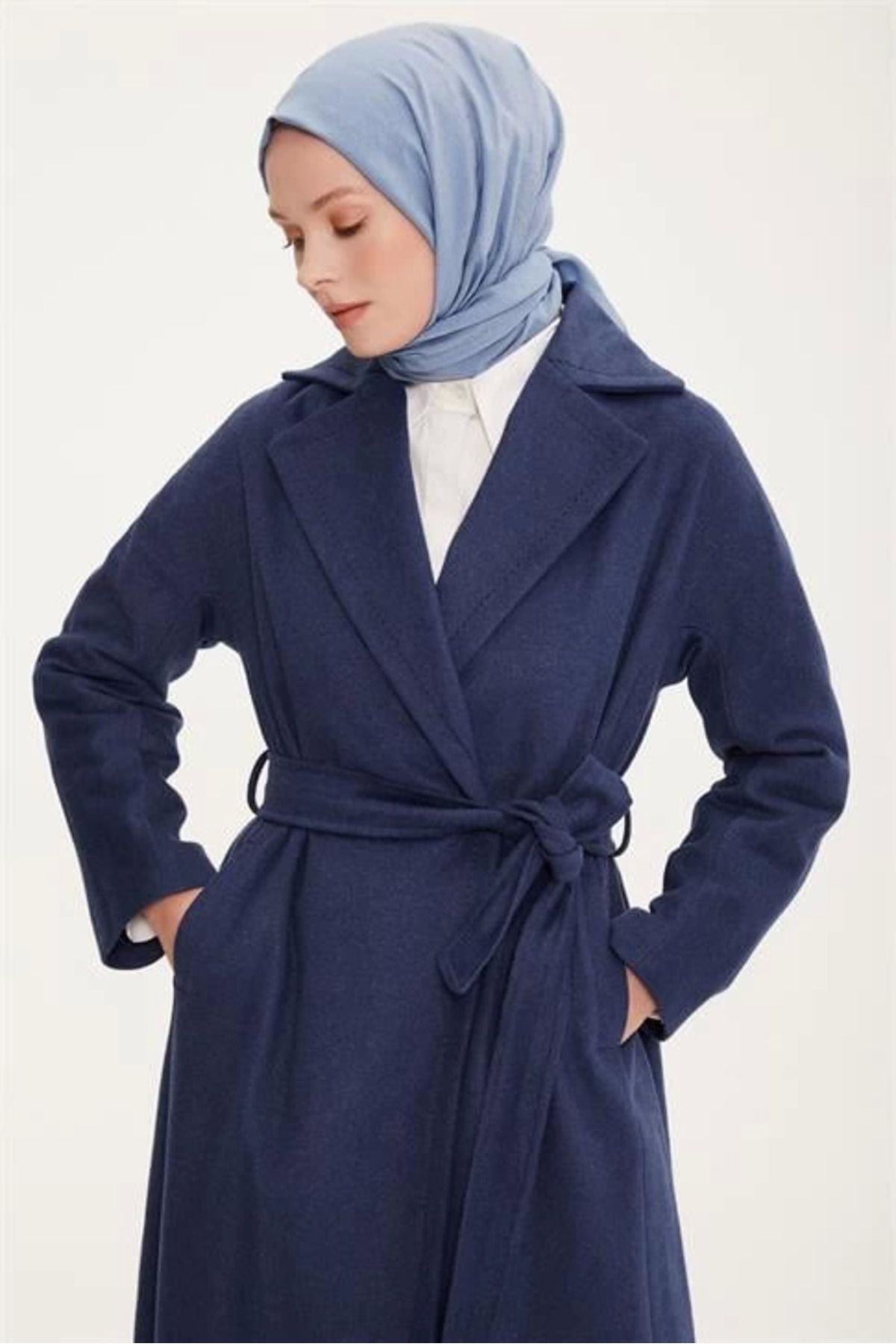 aradimtaradim Armine Belden Kuşaklı Kaşe Kaban 22K8207 Morcivert