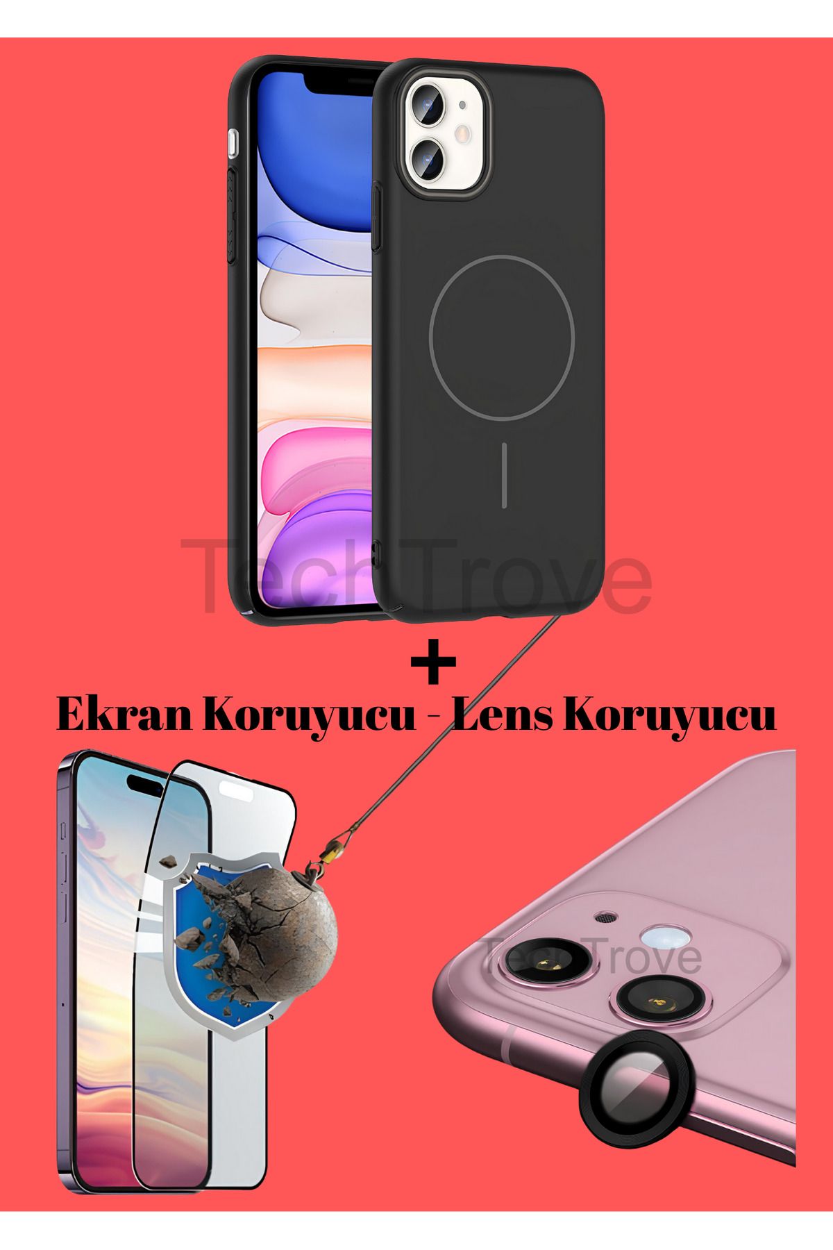 TechTrove Apple iphone 11 Kılıf Magsafe Özellikli Kamera Koruma ve Ekran Koruyucu 3'lü Set