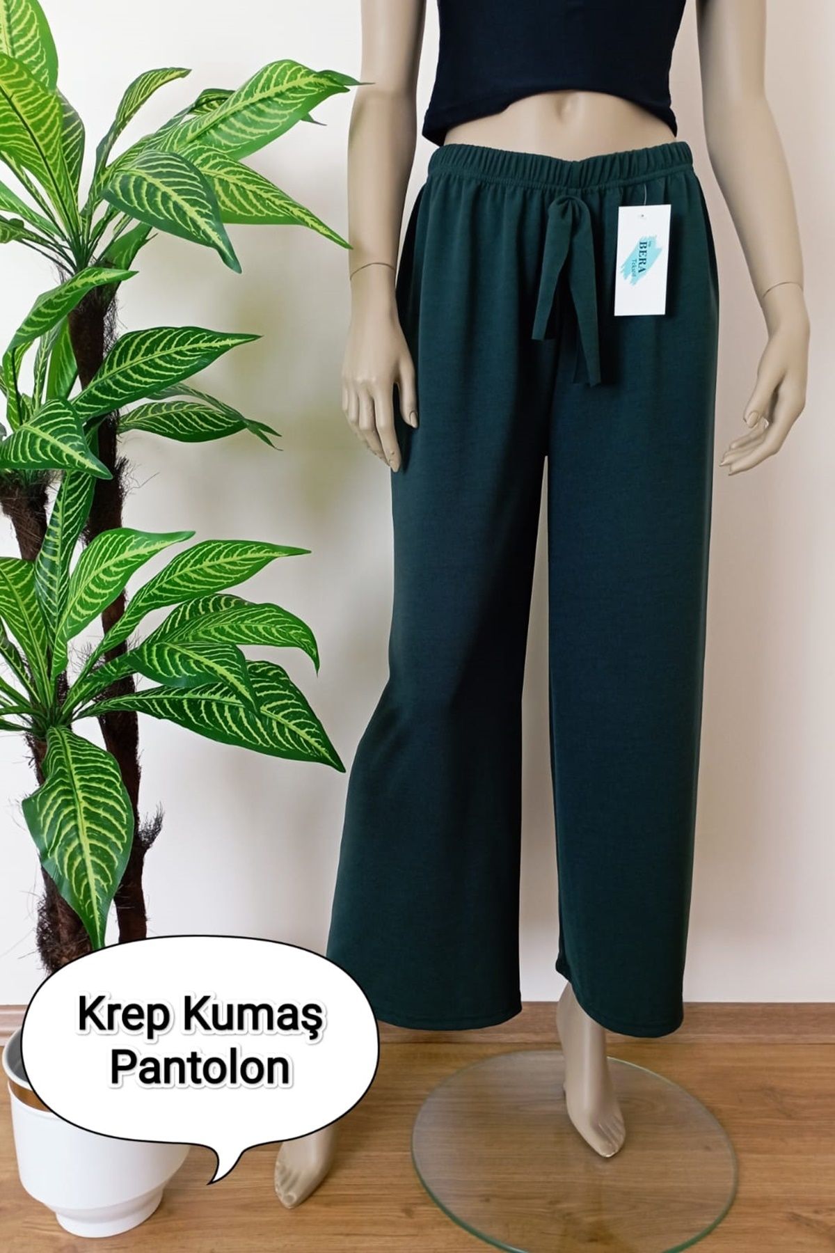 VİP BERA TEKSTİL Kadın Yeşil Dökümlü Krep Kumaş Beli Lastikli Bol Paça Pantolon