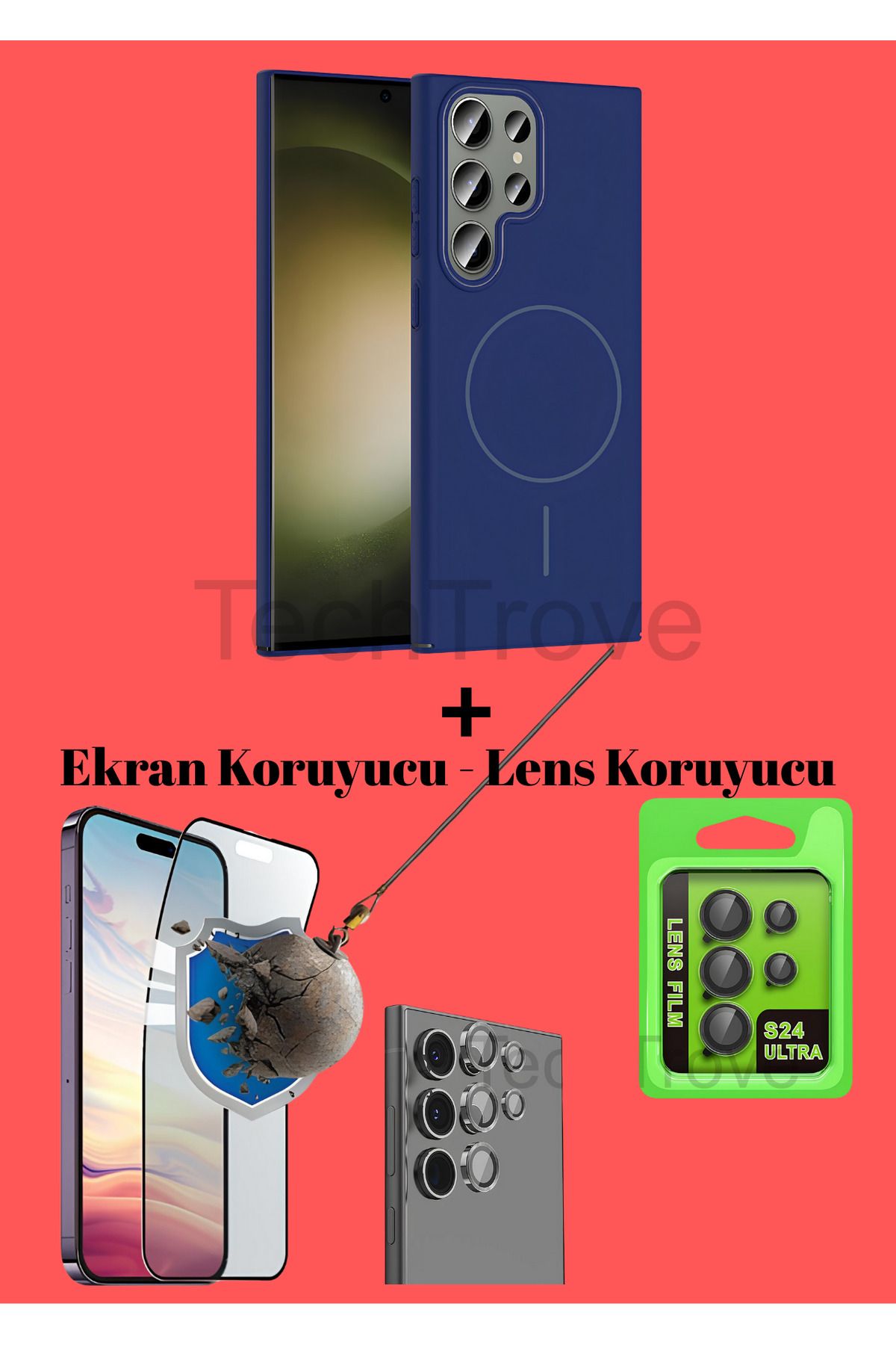 TechTrove Samsung Galaxy S24 Ultra Kılıf Magsafe Özellikli Kamera Koruma ve Ekran Koruyucu 3'lü Set