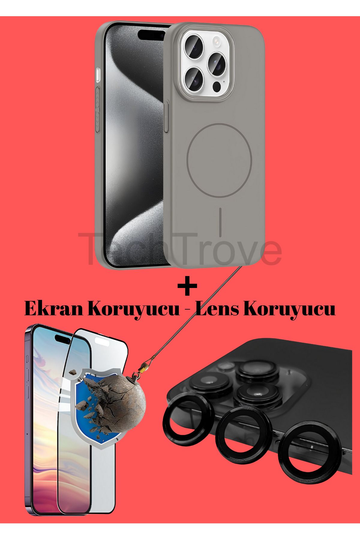 TechTrove Apple iphone 15 Pro Max Kılıf Magsafe Özellikli Kamera Koruma ve Ekran Koruyucu 3'lü Set