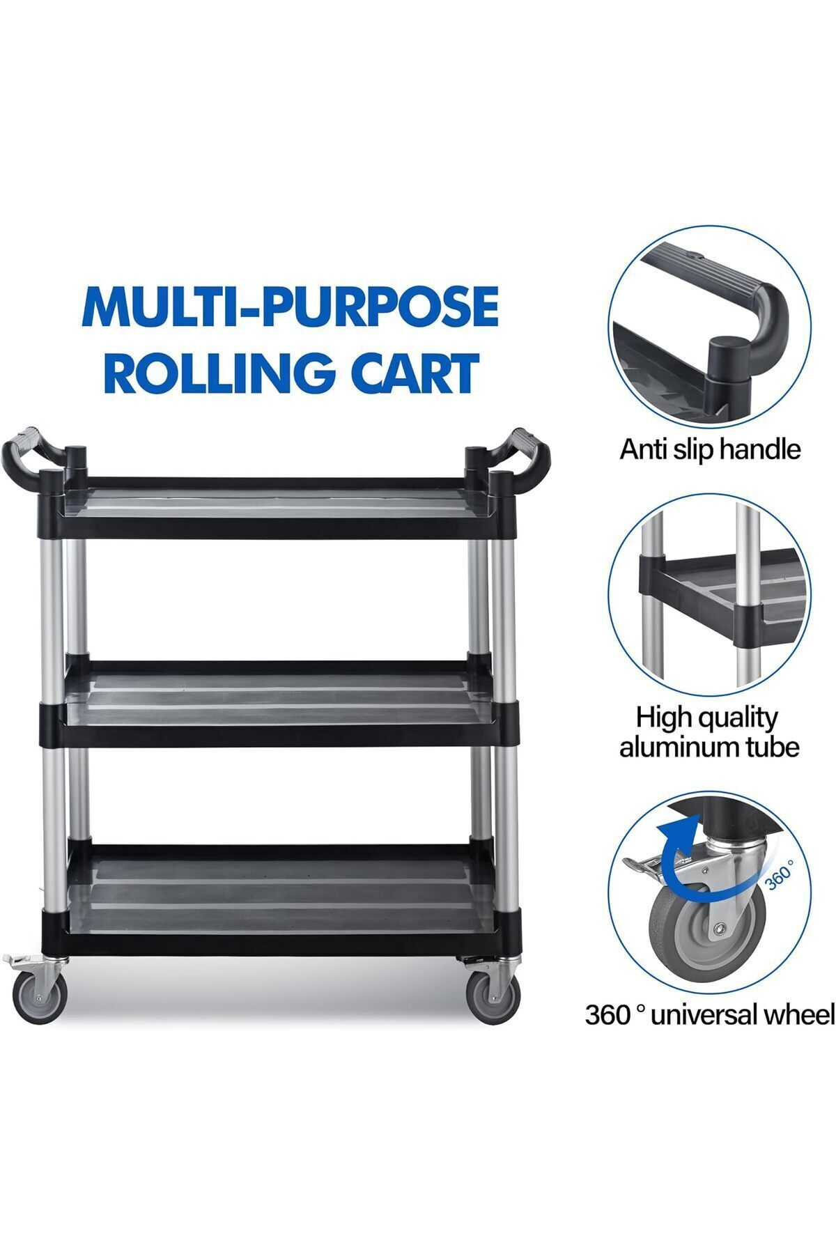عربة تقديم طعام 3 طبقات قوية – عجلات قفل وبلاستيك متين – مثالية للكوفي شوب والمطبخ والعيادات,المكاتب