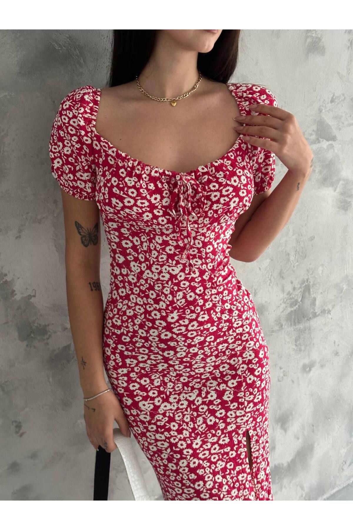 Butik Merline kadın siyah çıtır bürümcük çiçekli yıtmaçlı günlük elbise