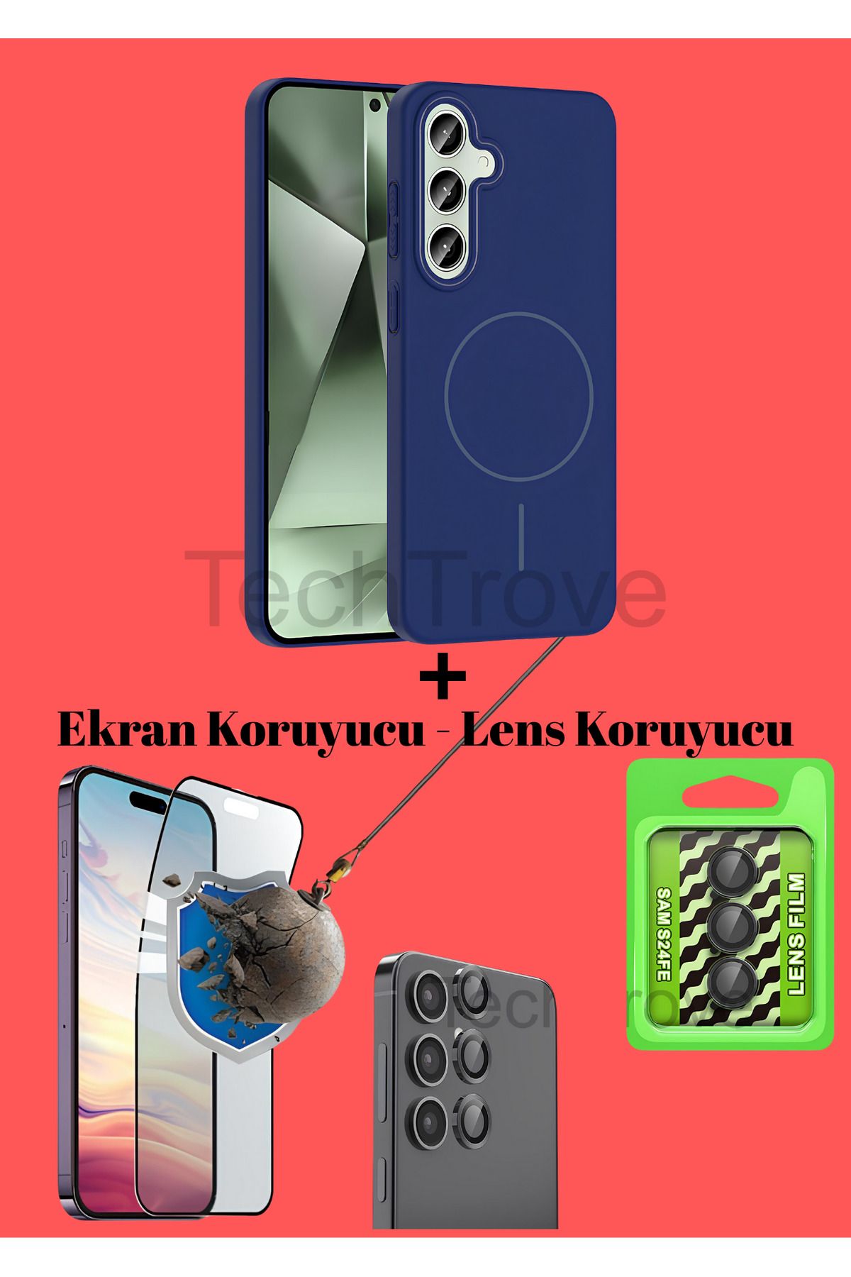 TechTrove Samsung Galaxy S24 FE Kılıf Magsafe Özellikli Kamera Koruma ve Ekran Koruyucu 3'lü Set