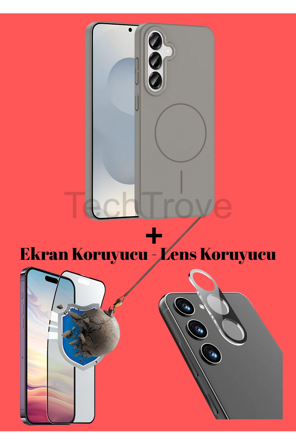 TechTrove Samsung Galaxy S24 Kılıf Magsafe Özellikli Kamera Koruma ve Ekran Koruyucu 3'lü Set