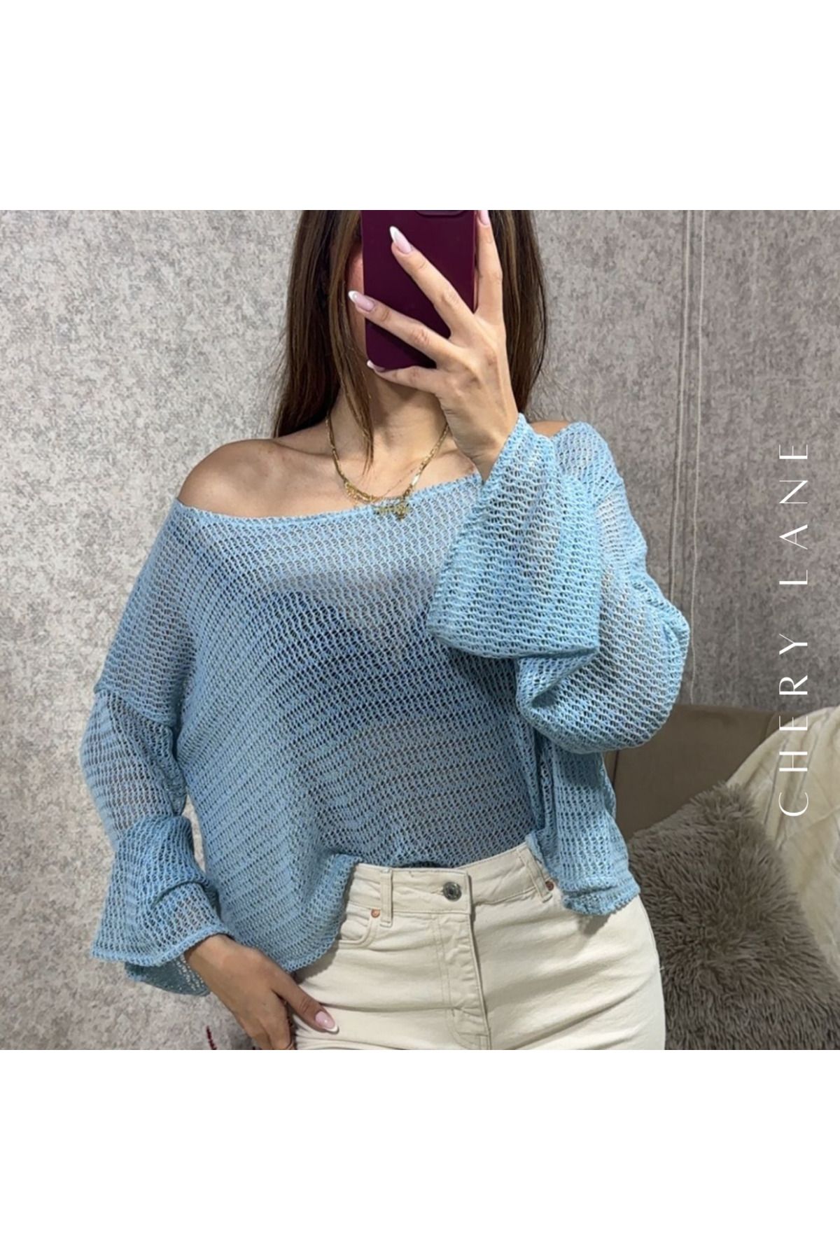 Cherry Lane Kayık Yaka Uzun Kollu Ajurlu Desen Bebek Mavisi %100 Pamuk Bluz