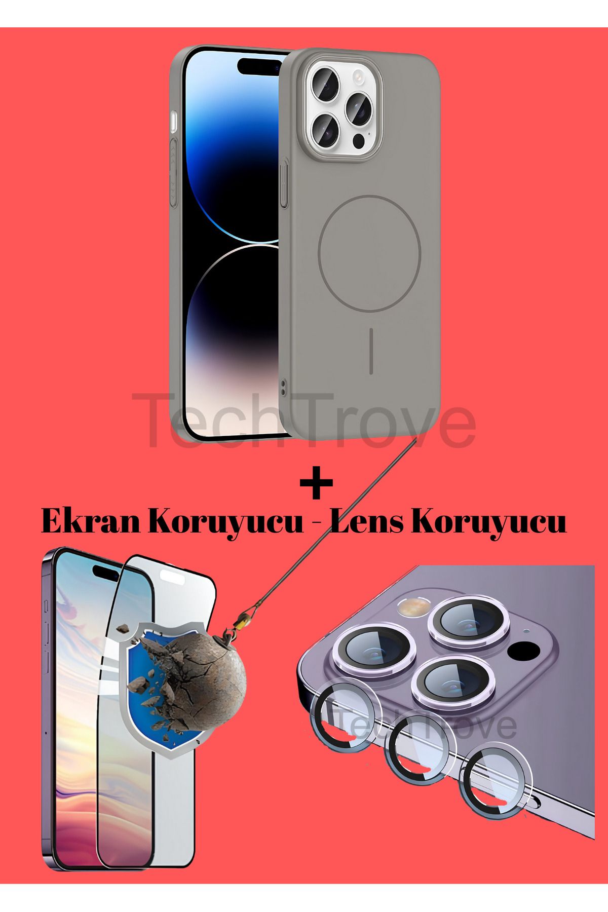 TechTrove Apple iphone 14 Pro Max Kılıf Magsafe Özellikli Kamera Koruma ve Ekran Koruyucu 3'lü Set