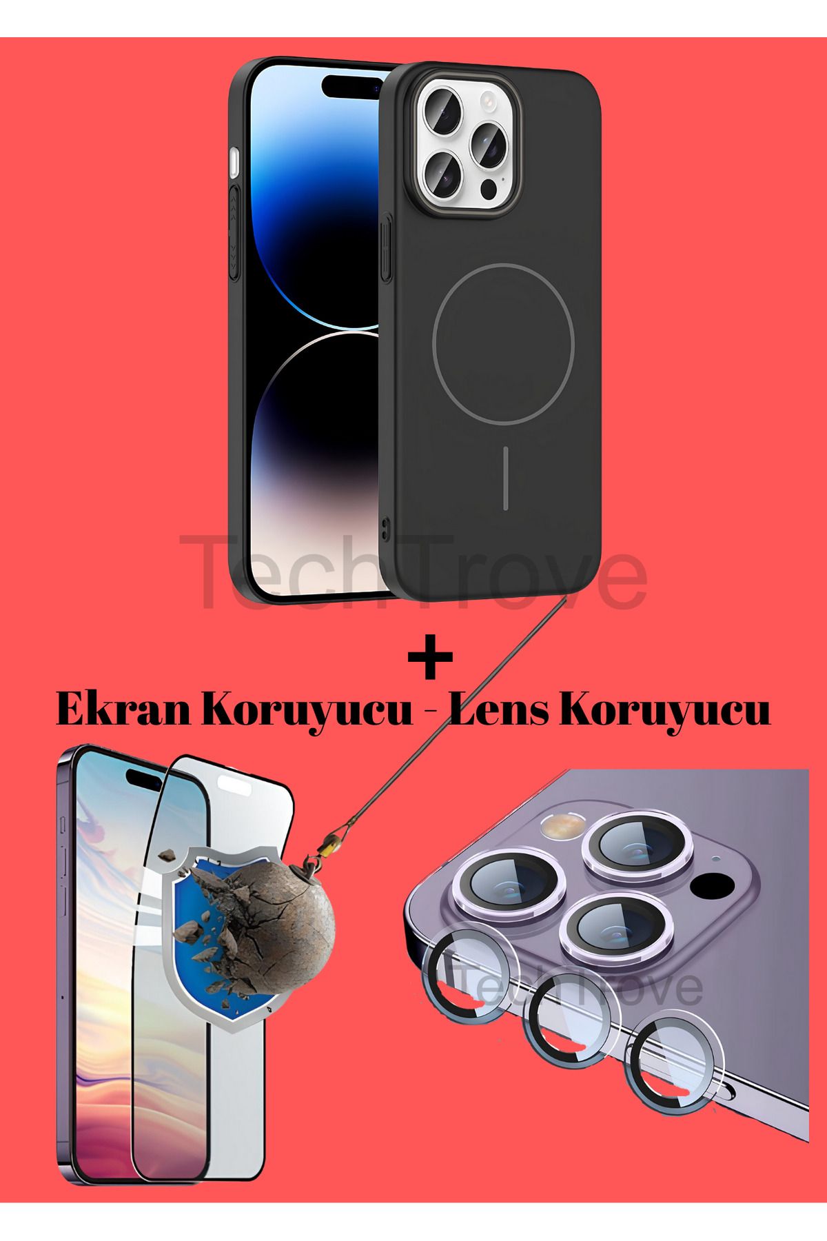 TechTrove Apple iphone 14 Pro Max Kılıf Magsafe Özellikli Kamera Koruma ve Ekran Koruyucu 3'lü Set