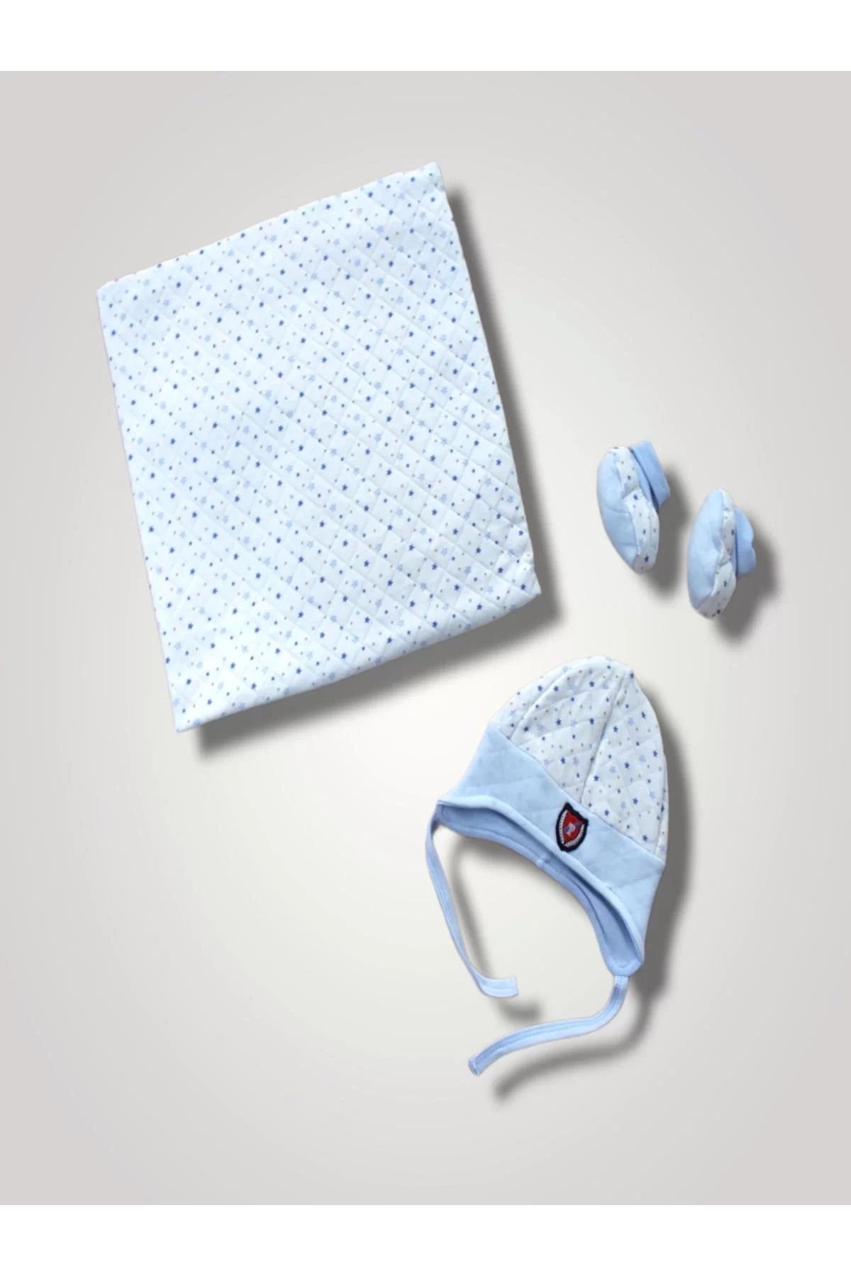 yusuftex Yenidoğan Baskılı Double Face Şapka Ve Patikli 3lü Bebek Battaniye Takımı Mavi