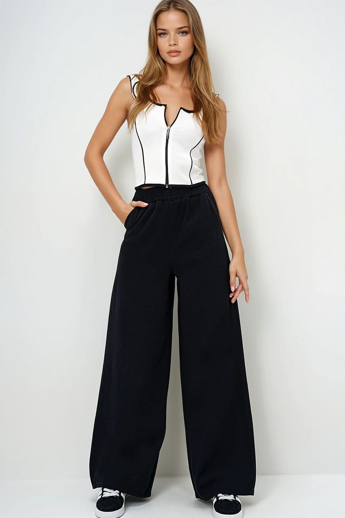 VAGGON Çift Cepli Gabardin Palazzo Pantolon