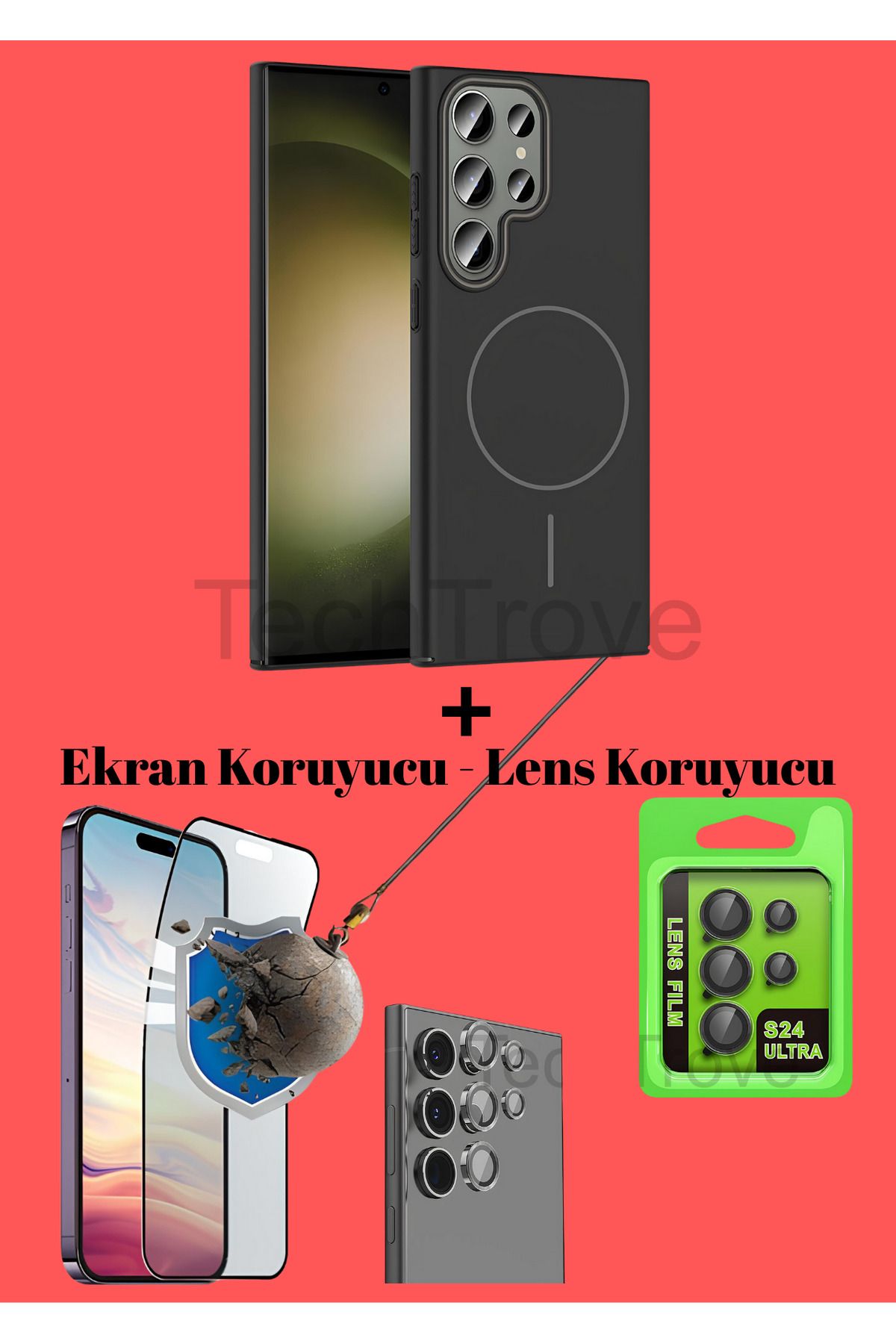 TechTrove Samsung Galaxy S24 Ultra Kılıf Magsafe Özellikli Kamera Koruma ve Ekran Koruyucu 3'lü Set