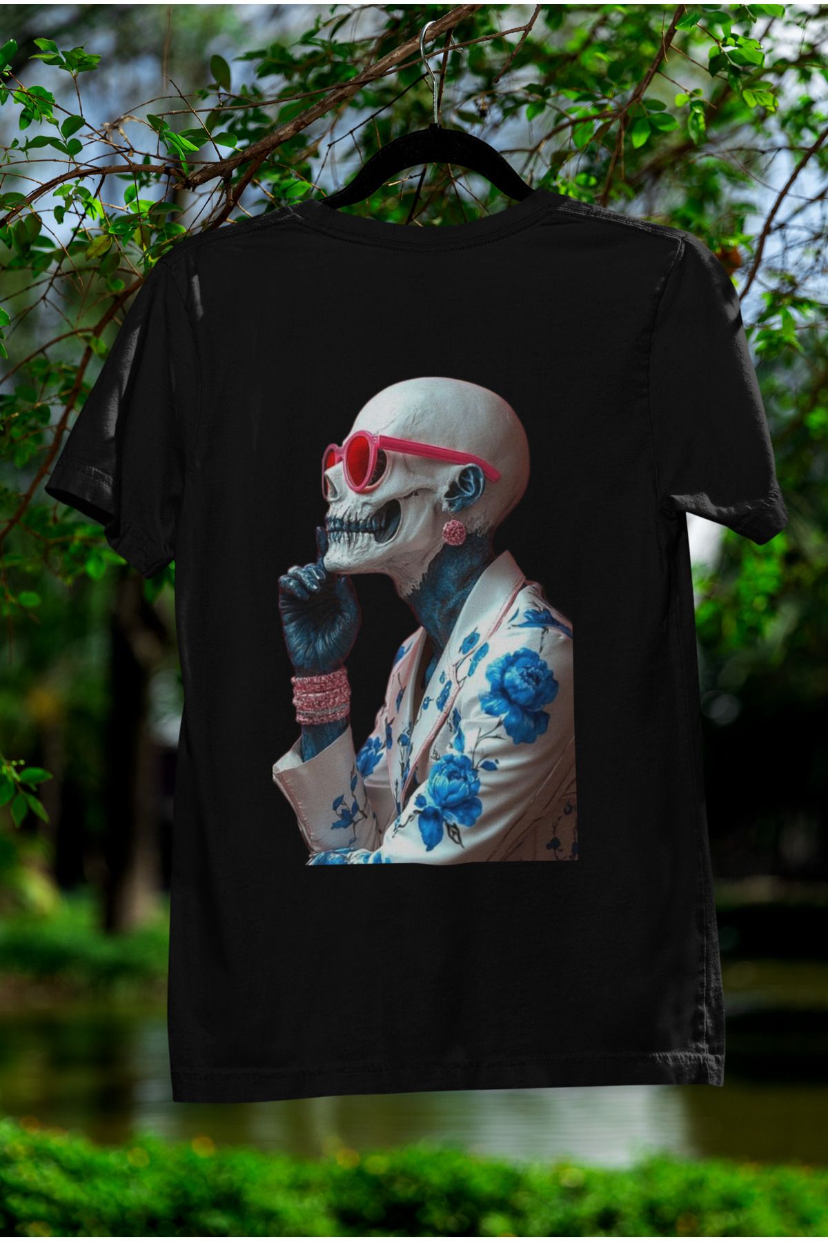 MAGORS İSKELET SIRT BASKILI BİSİKLET YAKA PAMUKLU OVERSIZE KALIP KISA KOLLU TSHIRT