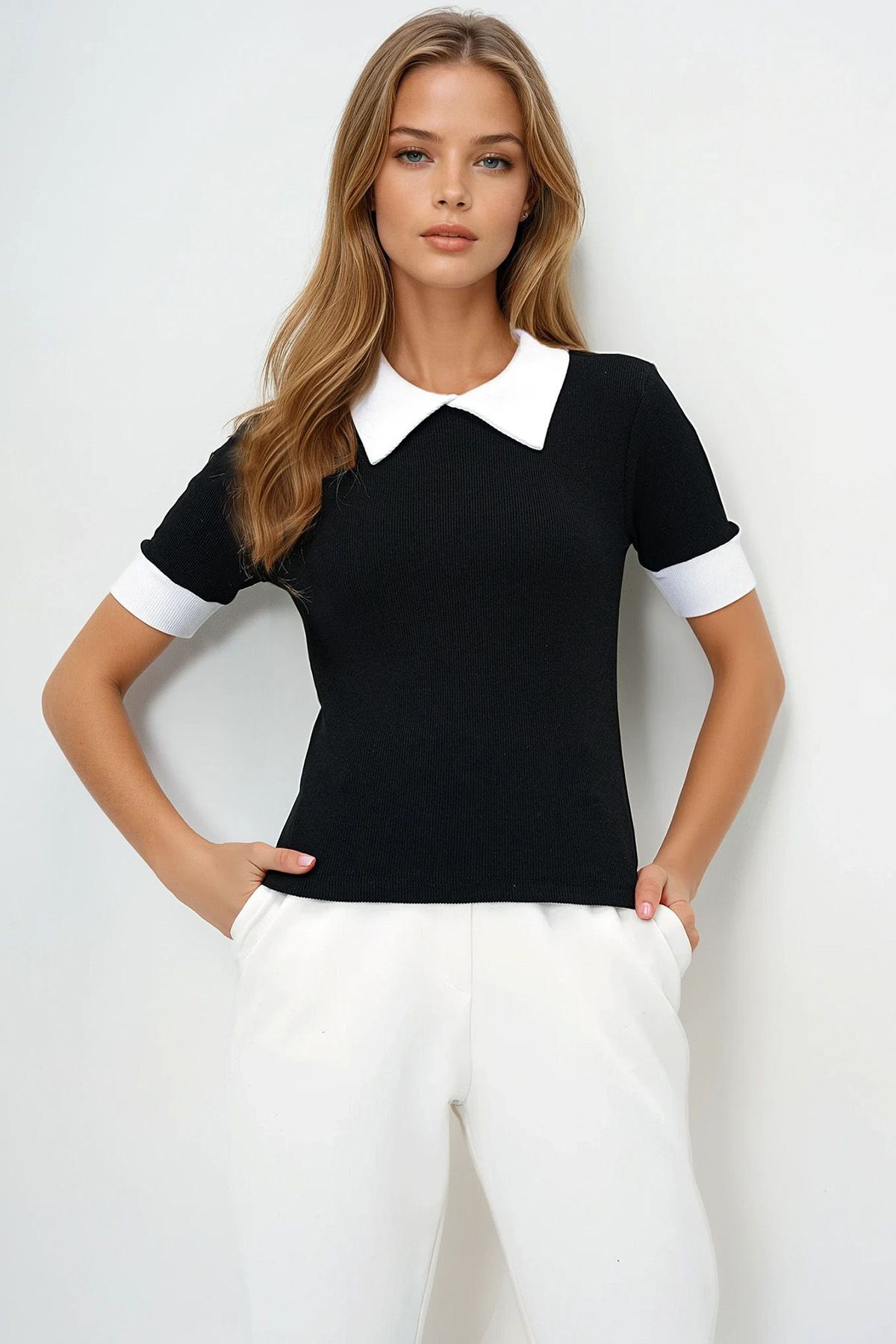 VAGGON Renk Bloklu Polo Yaka Kaşkorse Bluz