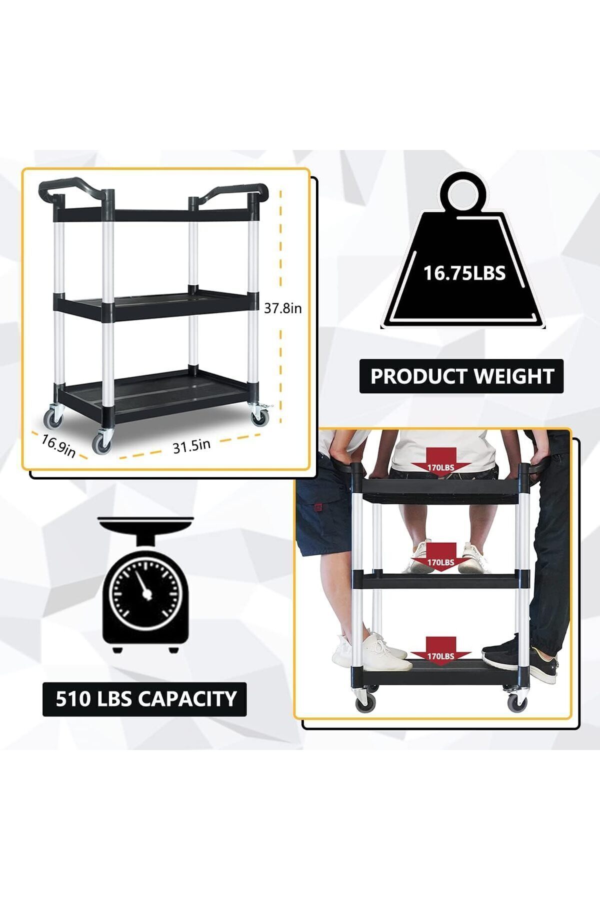 عربة تقديم طعام 3 طبقات قوية – عجلات قفل وبلاستيك متين – مثالية للكوفي شوب والمطبخ والعيادات,المكاتب