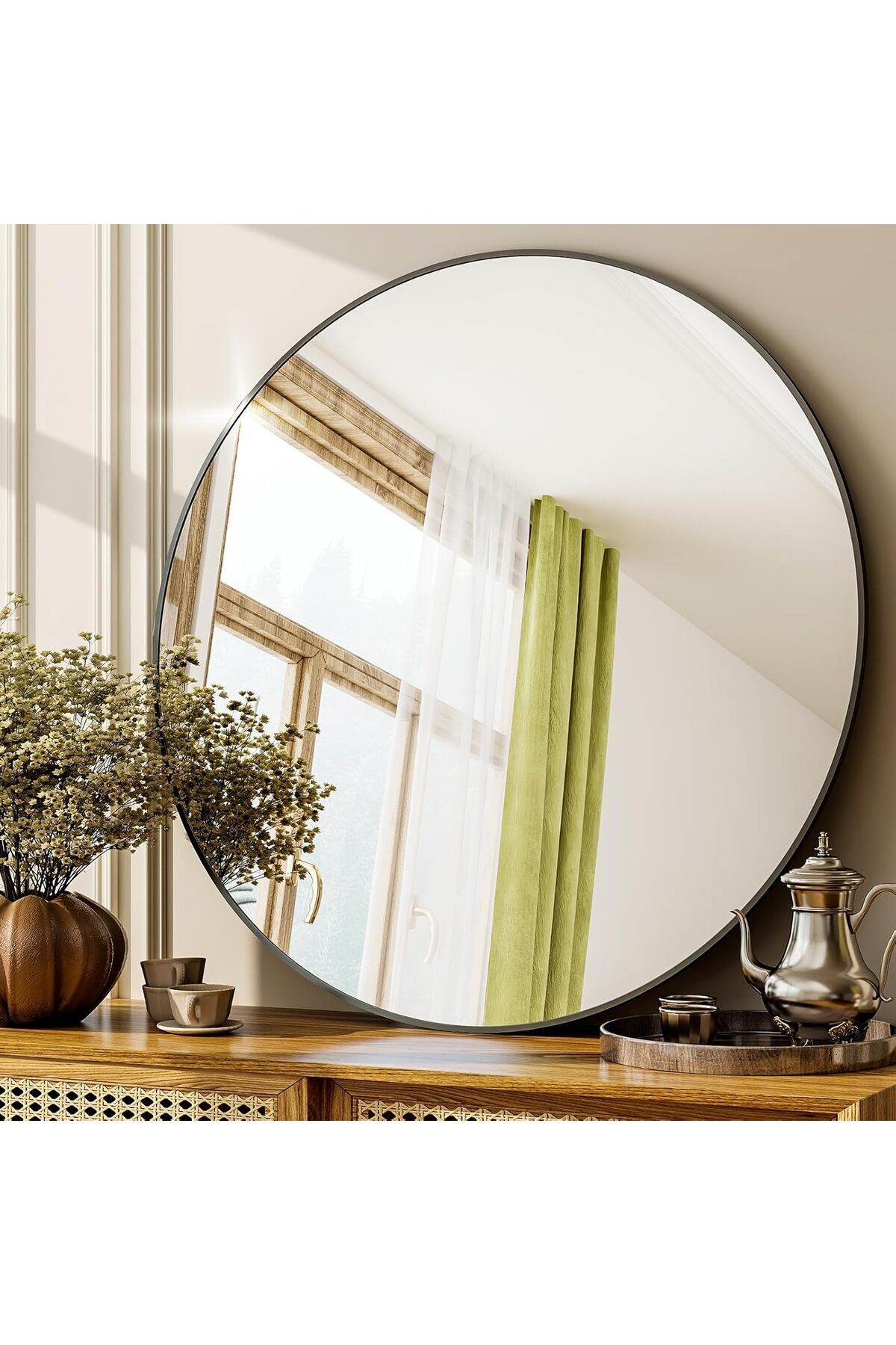 مرآة دائرية سوداء باطار معدني مقاس 50 × 50 سم مرايا جدارية لغرفة المعيشة، غرفة النوم، الحمام