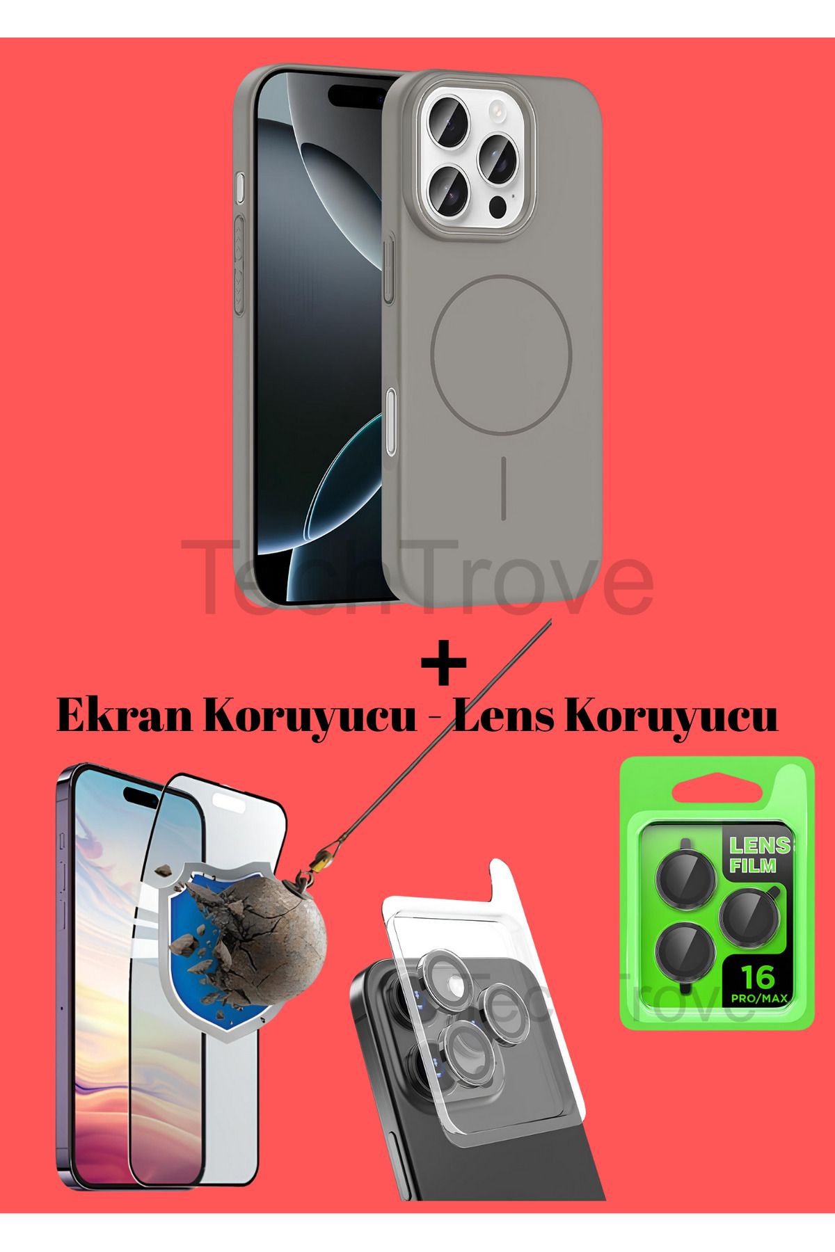 TechTrove Apple iphone 16 Pro Max Kılıf Magsafe Özellikli Kamera Koruma ve Ekran Koruyucu 3'lü Set