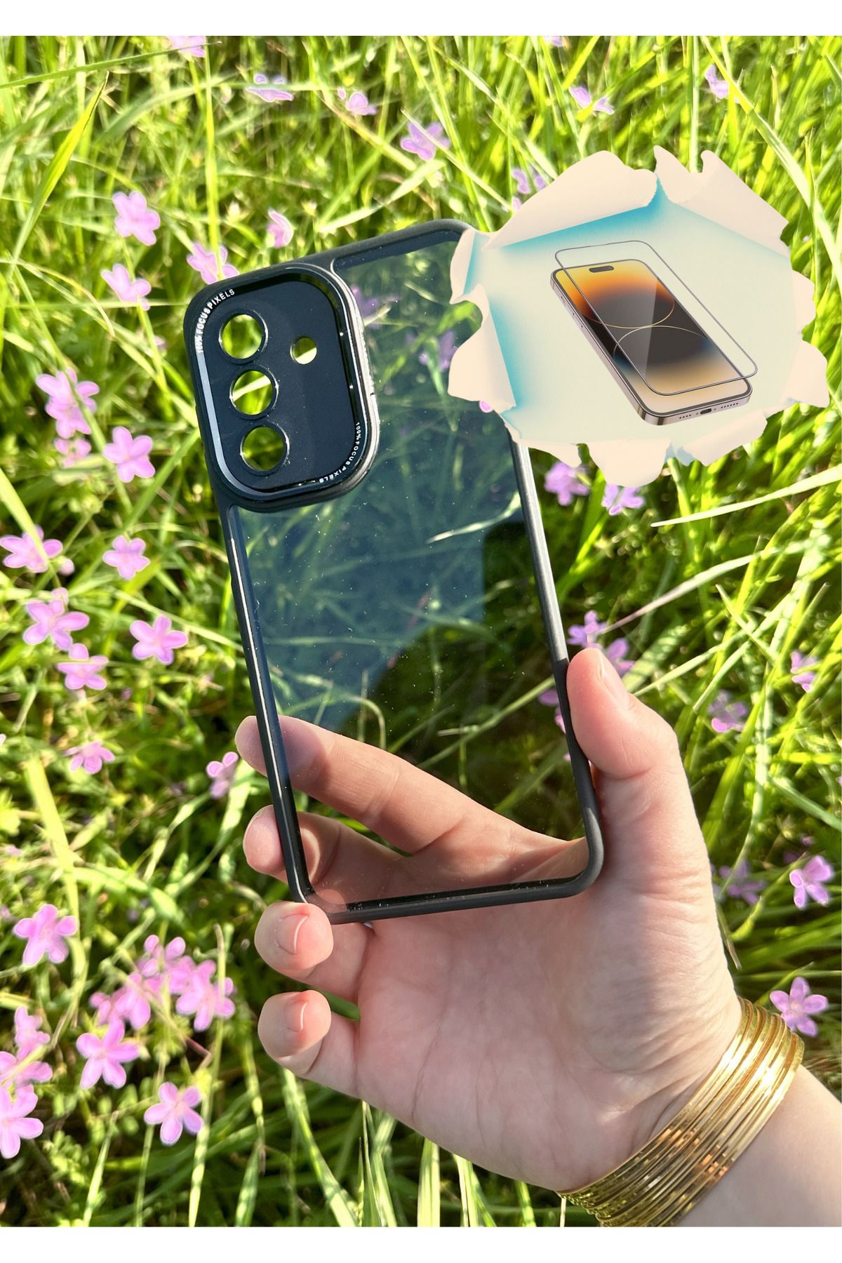 CNL Samsung Galaxy A26 5G Uyumlu Kaliteli Sararmaz Siyah-Şeffaf Kılıf - Kırılmaz Cam Hediyeli