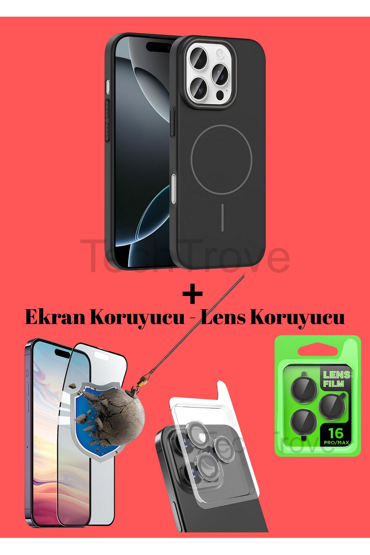 TechTrove Apple iphone 16 Pro Kılıf Magsafe Özellikli Kamera Koruma ve Ekran Koruyucu 3'lü Set