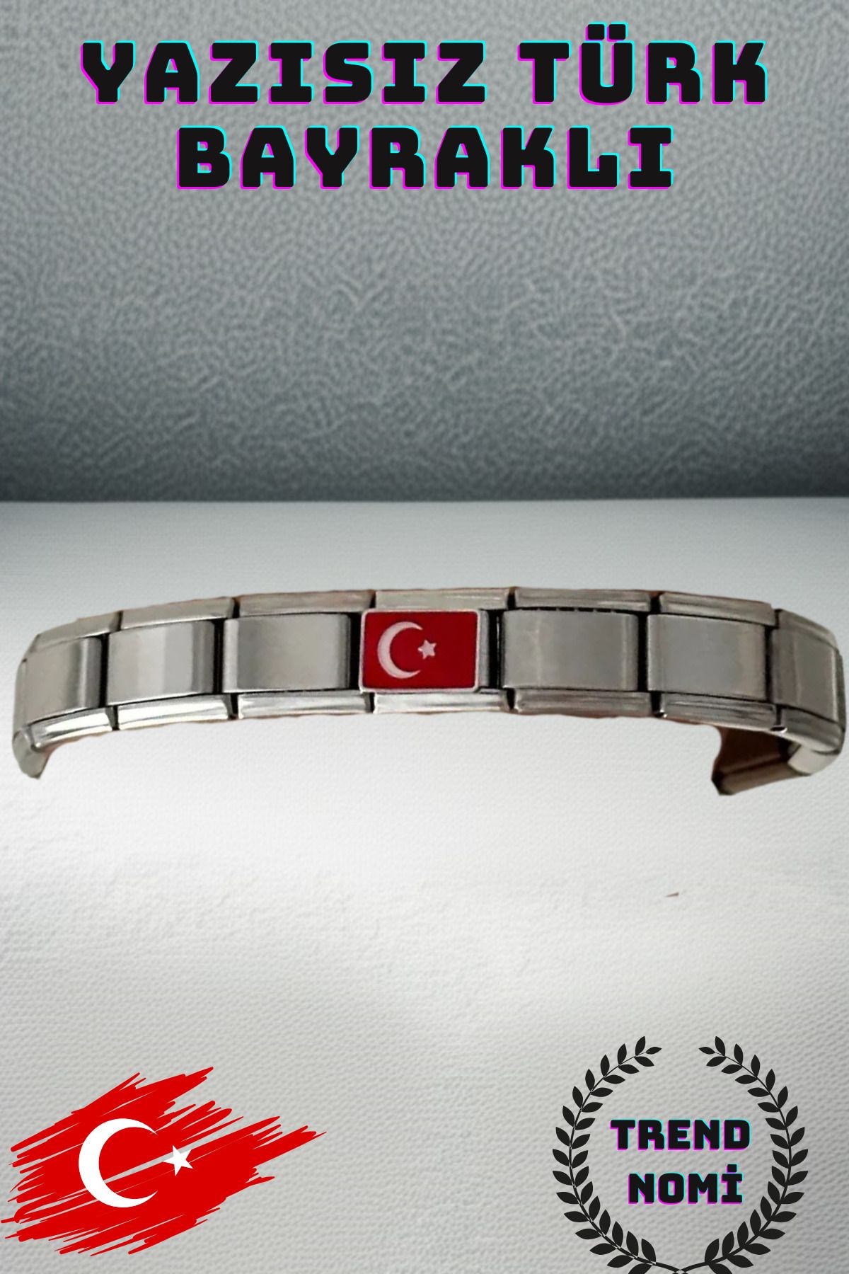 Birmem Türk Bayraklı Paslanmaz Çelik Charm Bileklik İtalyan Stili Takı