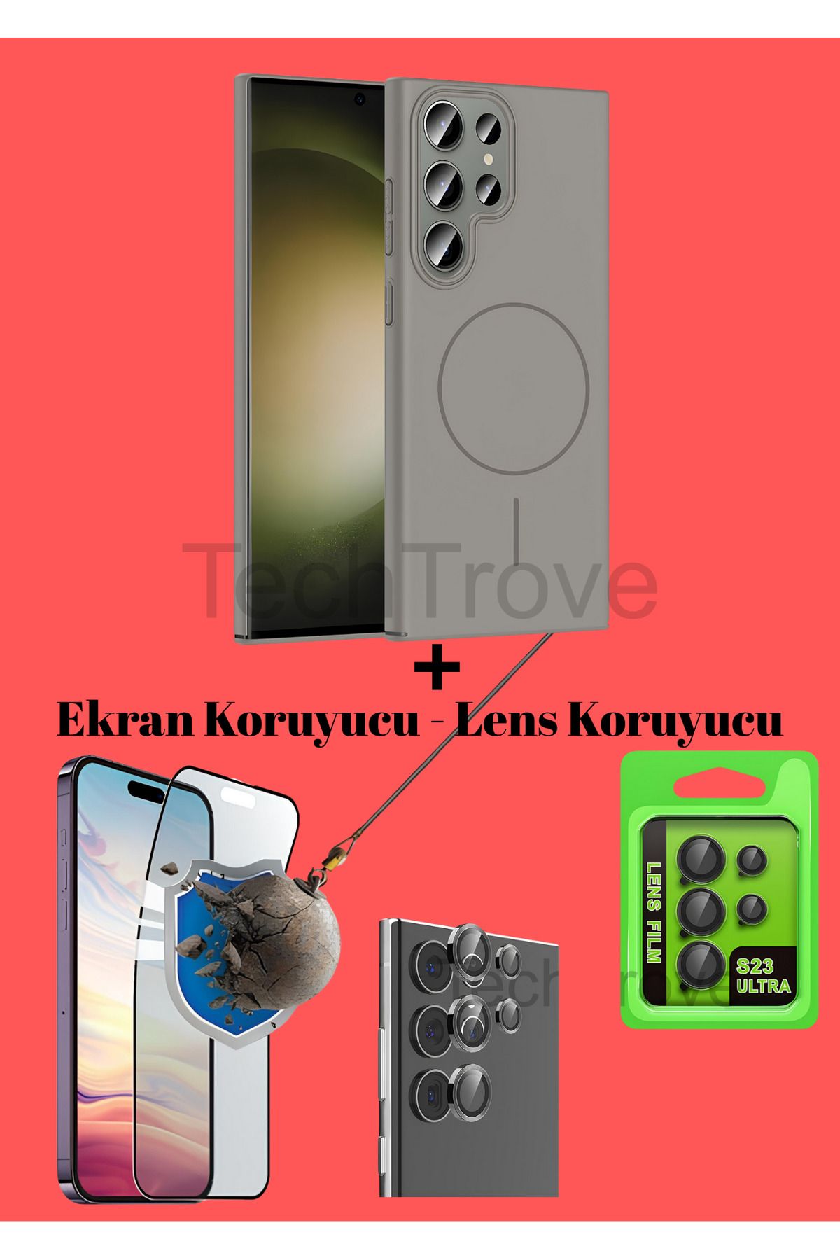 TechTrove Samsung Galaxy S23 Ultra Kılıf Magsafe Özellikli Kamera Koruma ve Ekran Koruyucu 3'lü Set