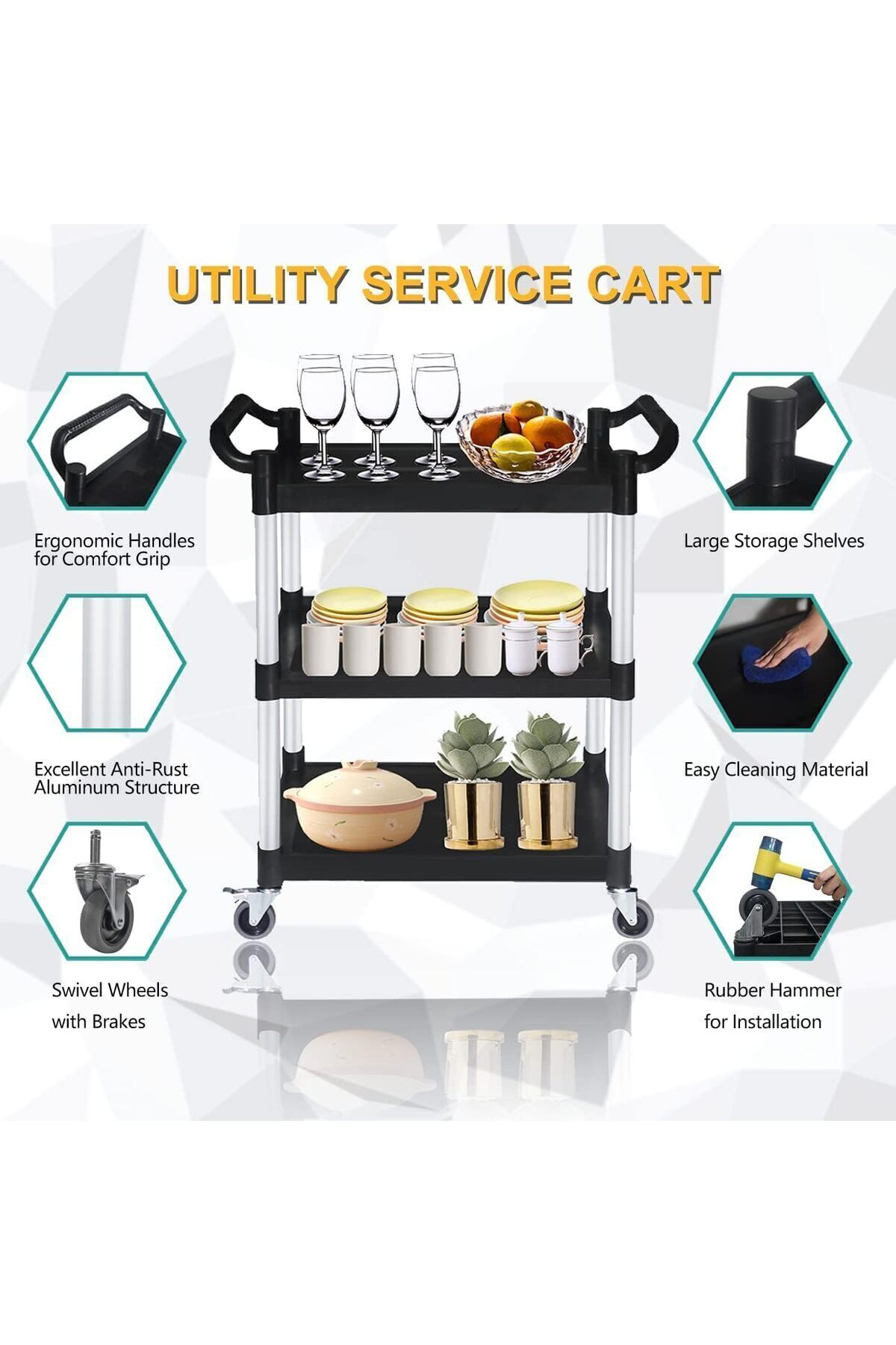 عربة تقديم طعام 3 طبقات قوية – عجلات قفل وبلاستيك متين – مثالية للكوفي شوب والمطبخ والعيادات,المكاتب