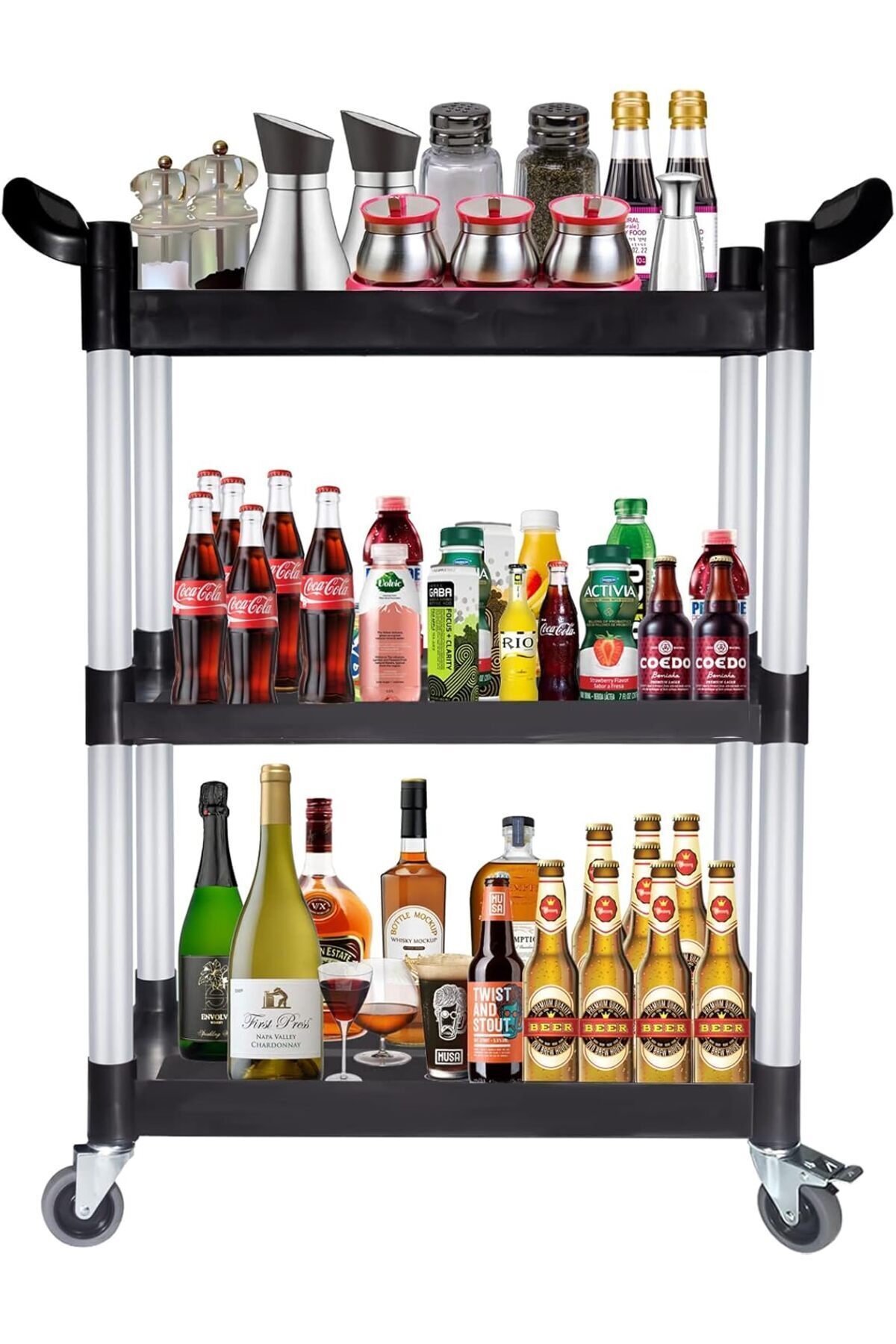 عربة تقديم طعام 3 طبقات قوية – عجلات قفل وبلاستيك متين – مثالية للكوفي شوب والمطبخ والعيادات,المكاتب