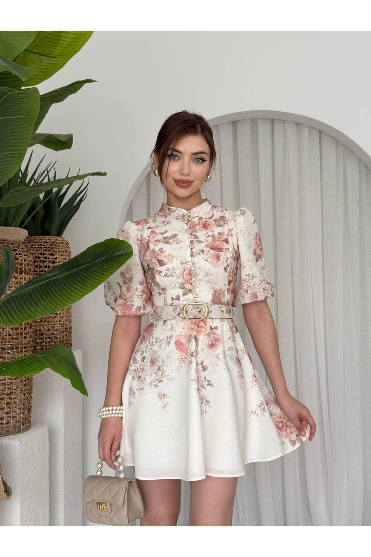 madamjasmine KADIN BELLA KETEN KEMERLİ ÇİÇEK DESENLİ ELBİSE YENİ SEZON
