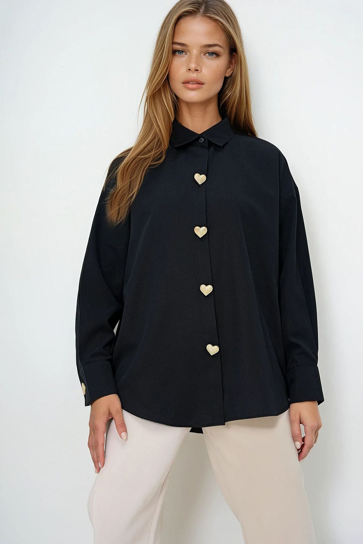 VAGGON Kalp Düğmeli Oversize Poplin Gömlek