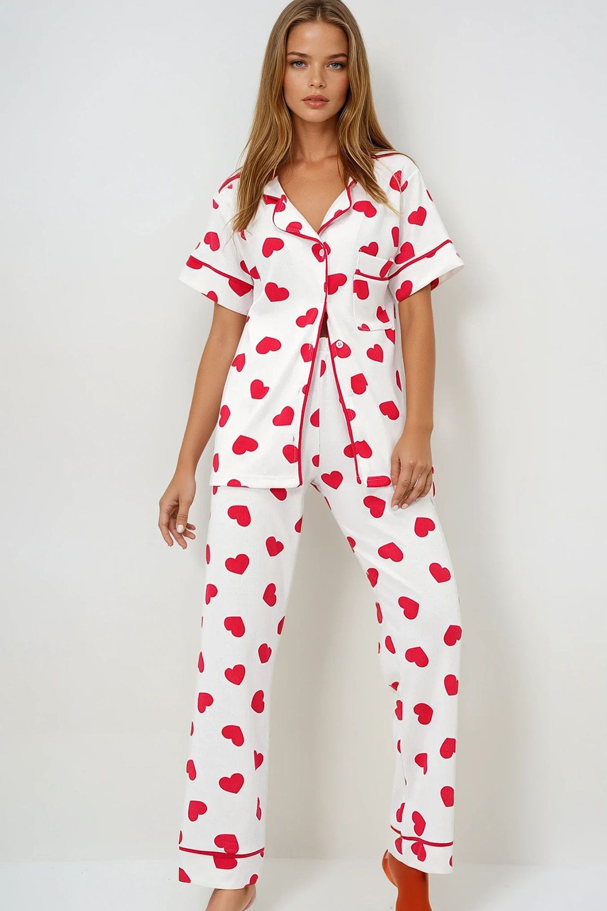 VAGGON Tek Cepli Biye Detaylı Pamuklu Gömlek Ve Pantolonlu Pijama Takımı