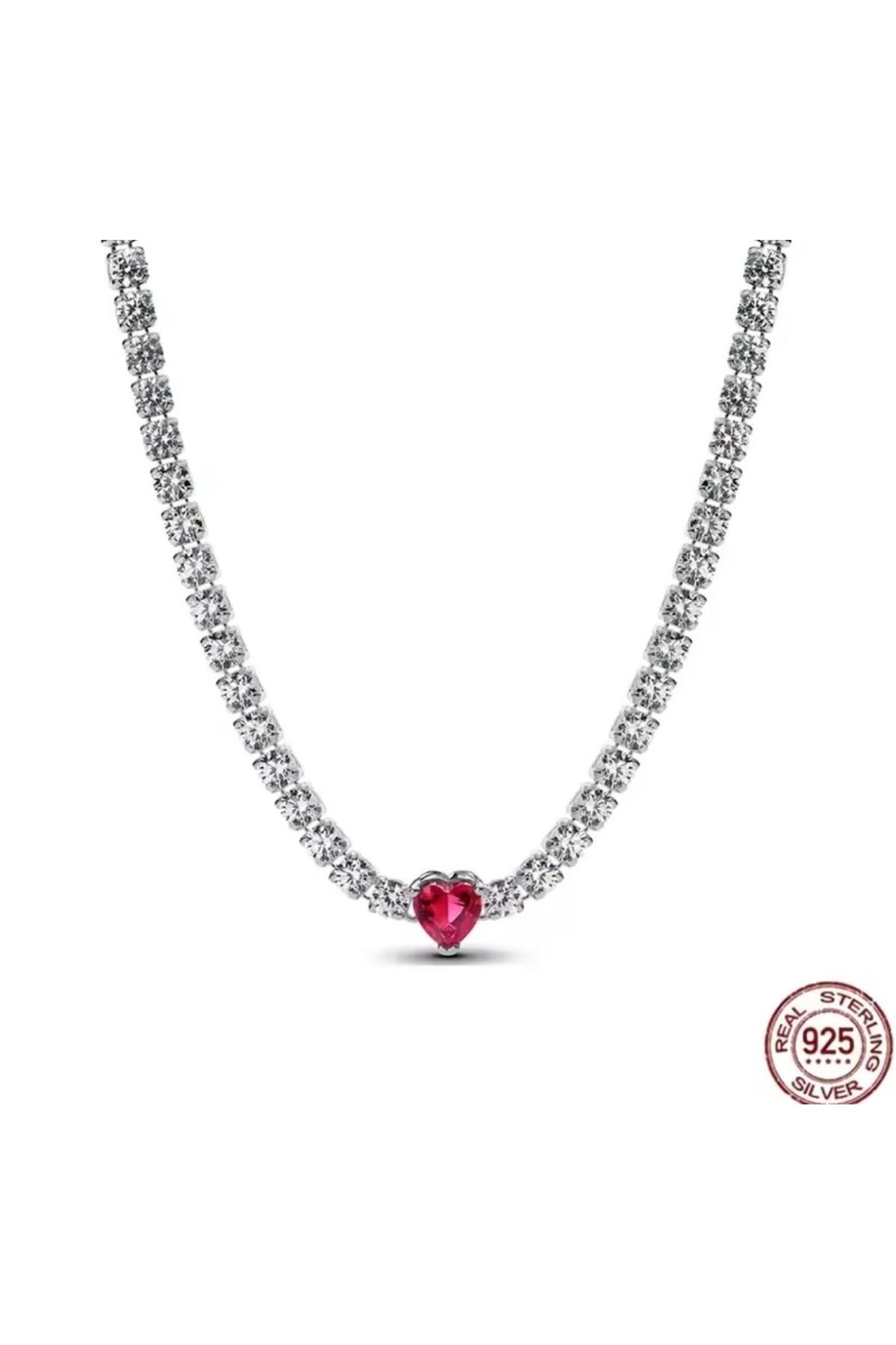 POSEİDONS JEWELLERY Poseidons Jewellery Zirkon Taşlı Hale Kalp Choker Kırmızı Kalp Detaylı Minimal 925 Ayar Gümüş