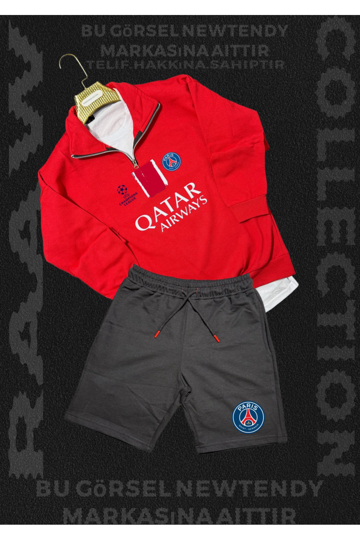Minikelya Paris Sweatshirt yazlık takım dik yaka Üst penye şort alt Şampiyonlar Ligi Logolu 2li kombin