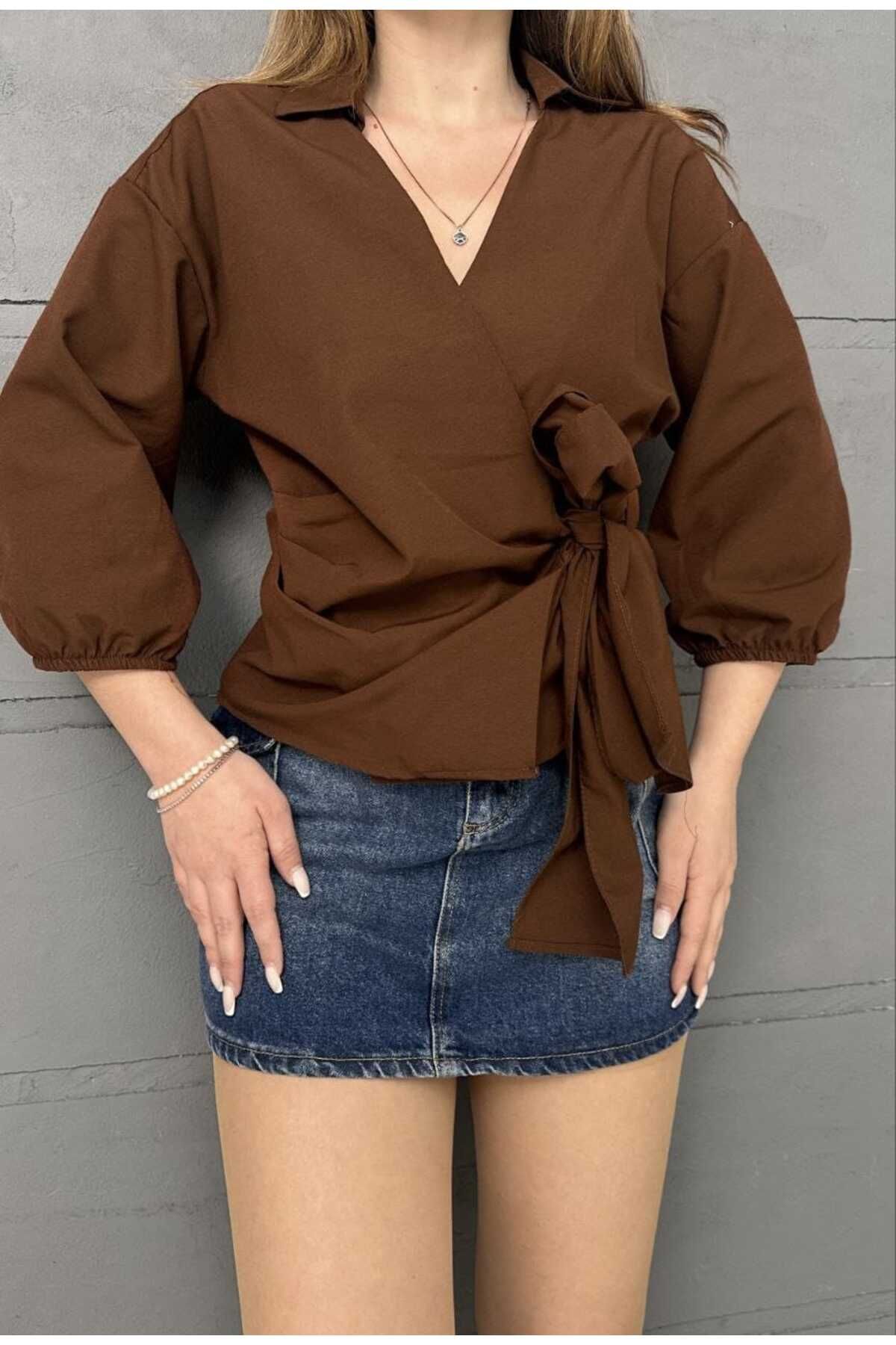 Butik Merline Kadın Kahverengi Kruvaze Model Yeni Trend Premium Üst Kalite Pamuk Dokuma Gömlek