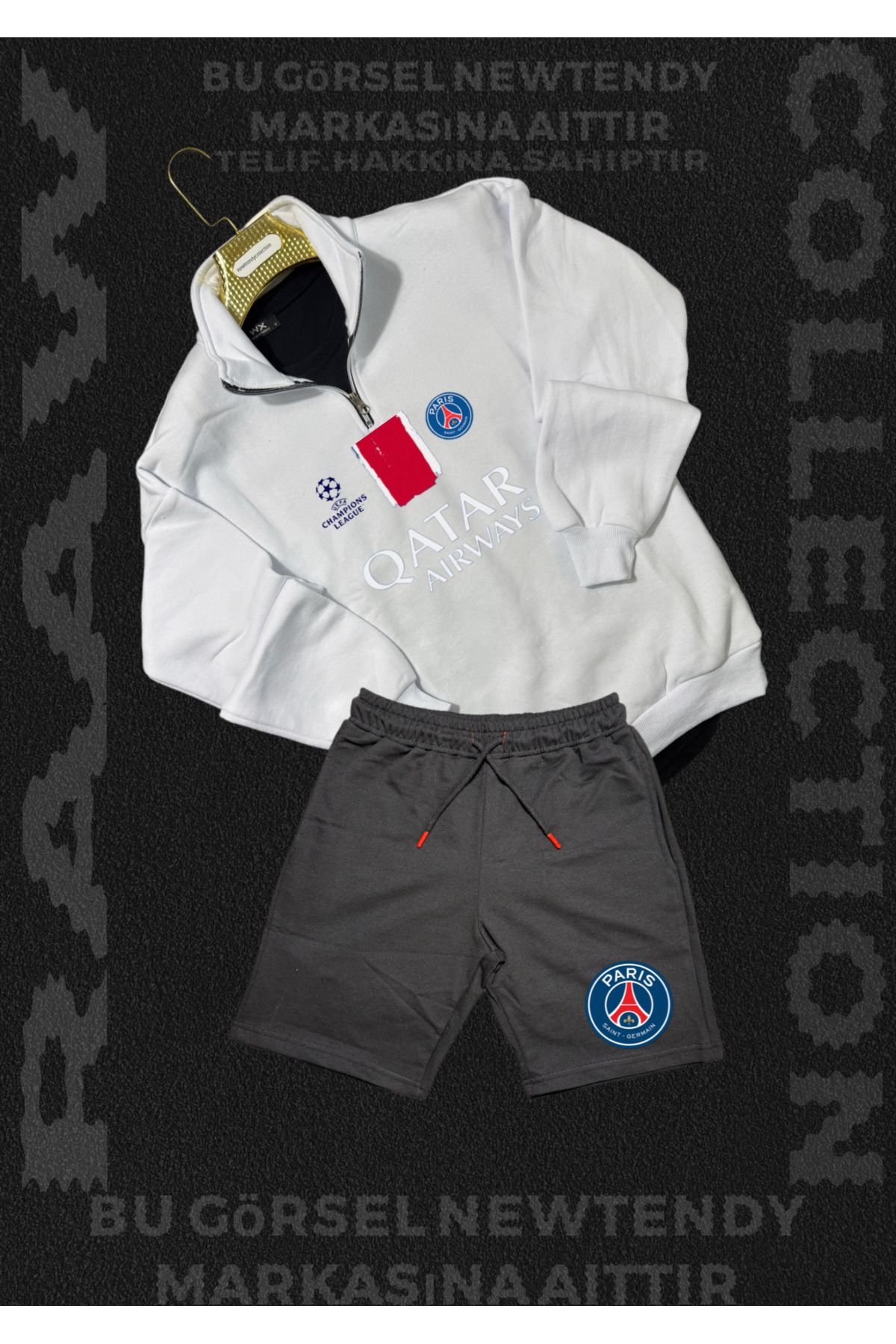 Minikelya Paris Sweatshirt yazlık takım dik yaka Üst penye şort alt Şampiyonlar Ligi Logolu 2li kombin