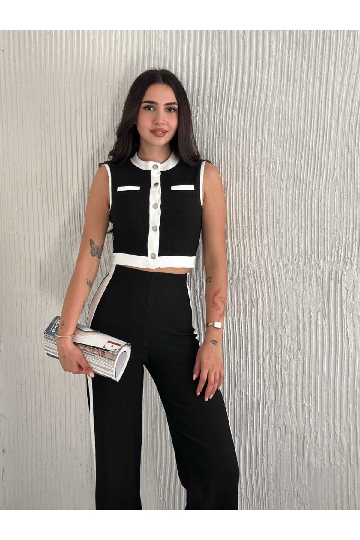 Butik Merrline kadın garnili sıfır kol düğmeli yelekli yüksek bel likralı geniş paça pantolon ikili takım