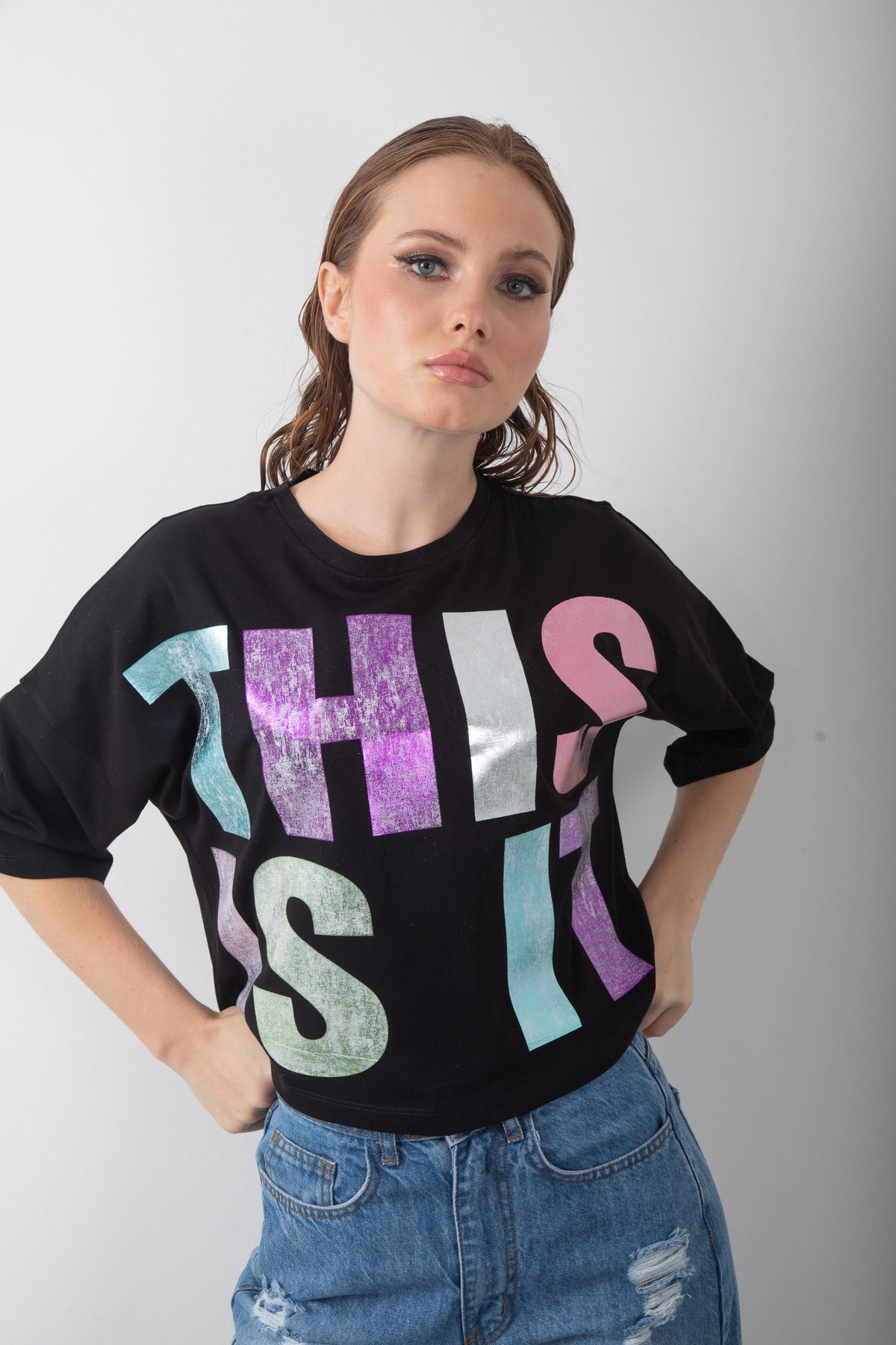 top girl Varak YAzı Baskılı Oversize Kadın Crop Parlak Tişört