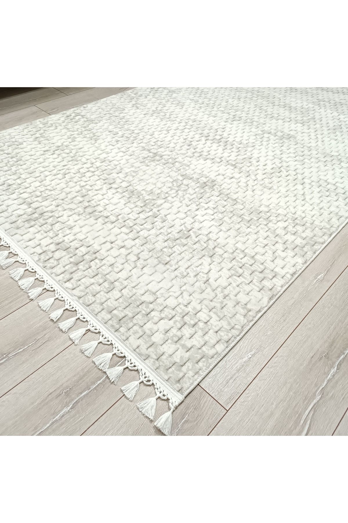 AVEN HOME Püsküllü Kaymaz Taban Yolluk Koridor Mutfak Halısı Makinede Yıkanabilir FİLDİŞİ