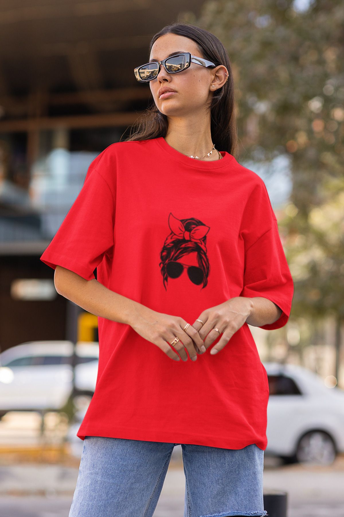 MG KADIN BASKILI KADIN BİSİKLET YAKA PAMUKLU OVERSIZE KALIP KISA KOLLU T-SHIRT