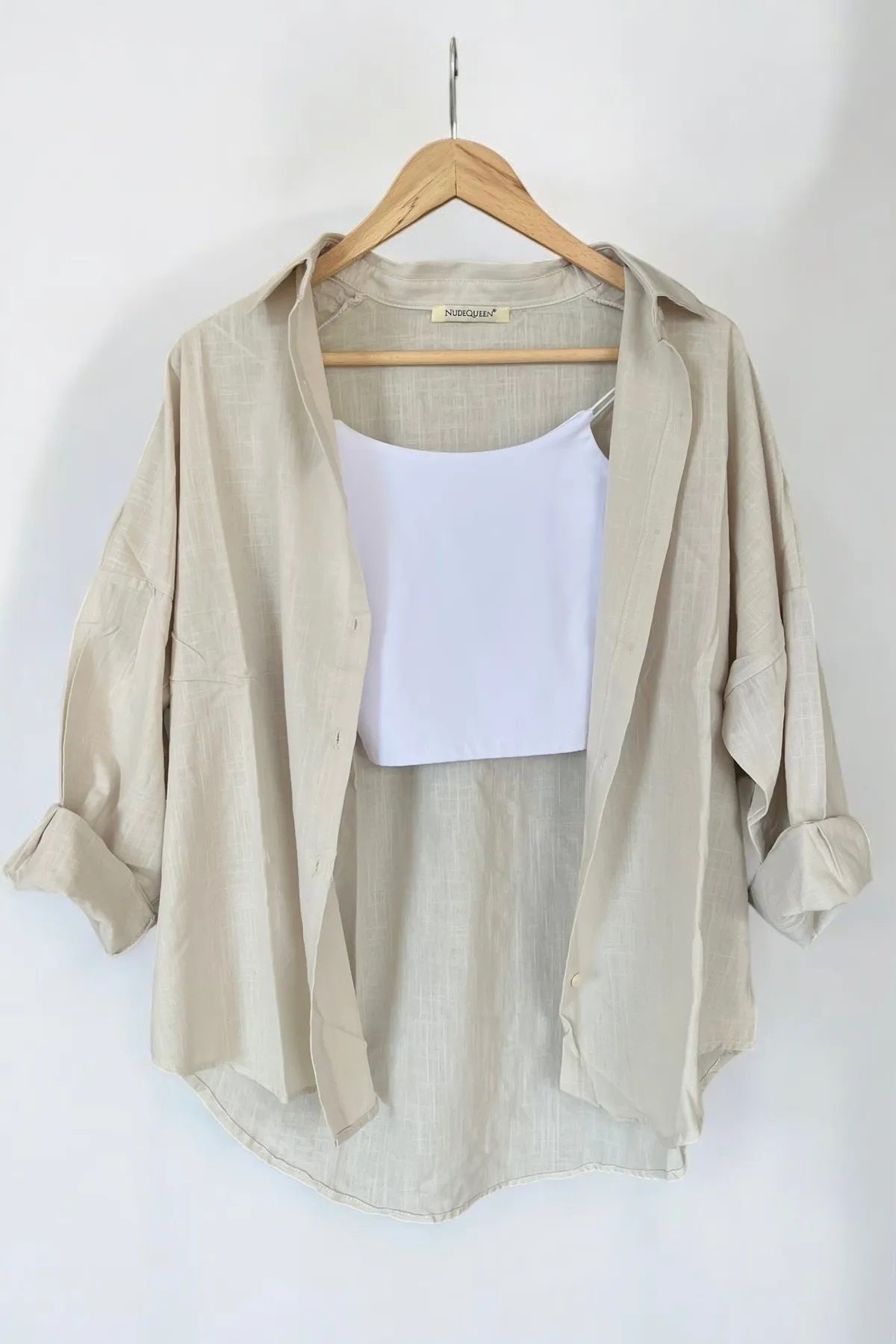 NVFashion Oversize Keten Dokulu %100 Pamuk Salaş Bej Gömlek