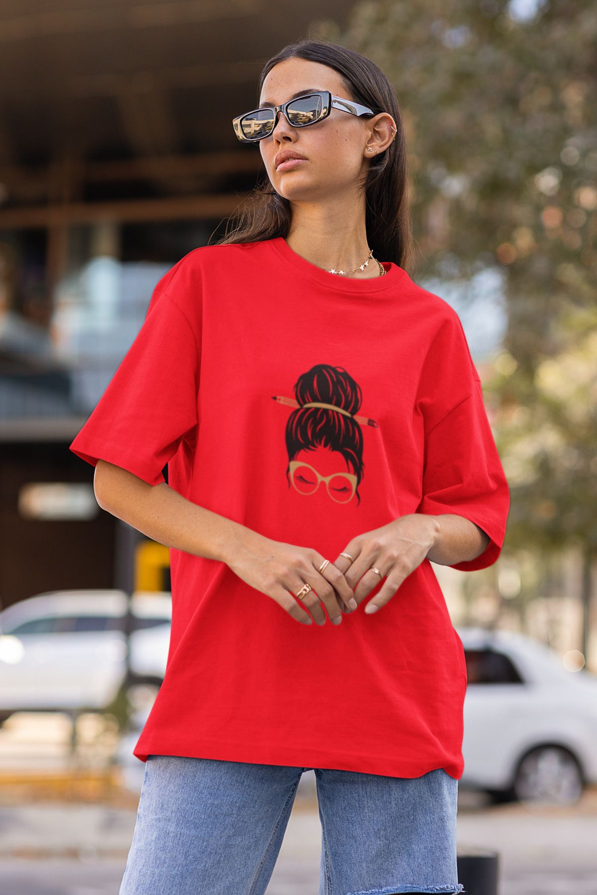 MG KADIN BASKILI KADIN BİSİKLET YAKA PAMUKLU OVERSIZE KALIP KISA KOLLU T-SHIRT