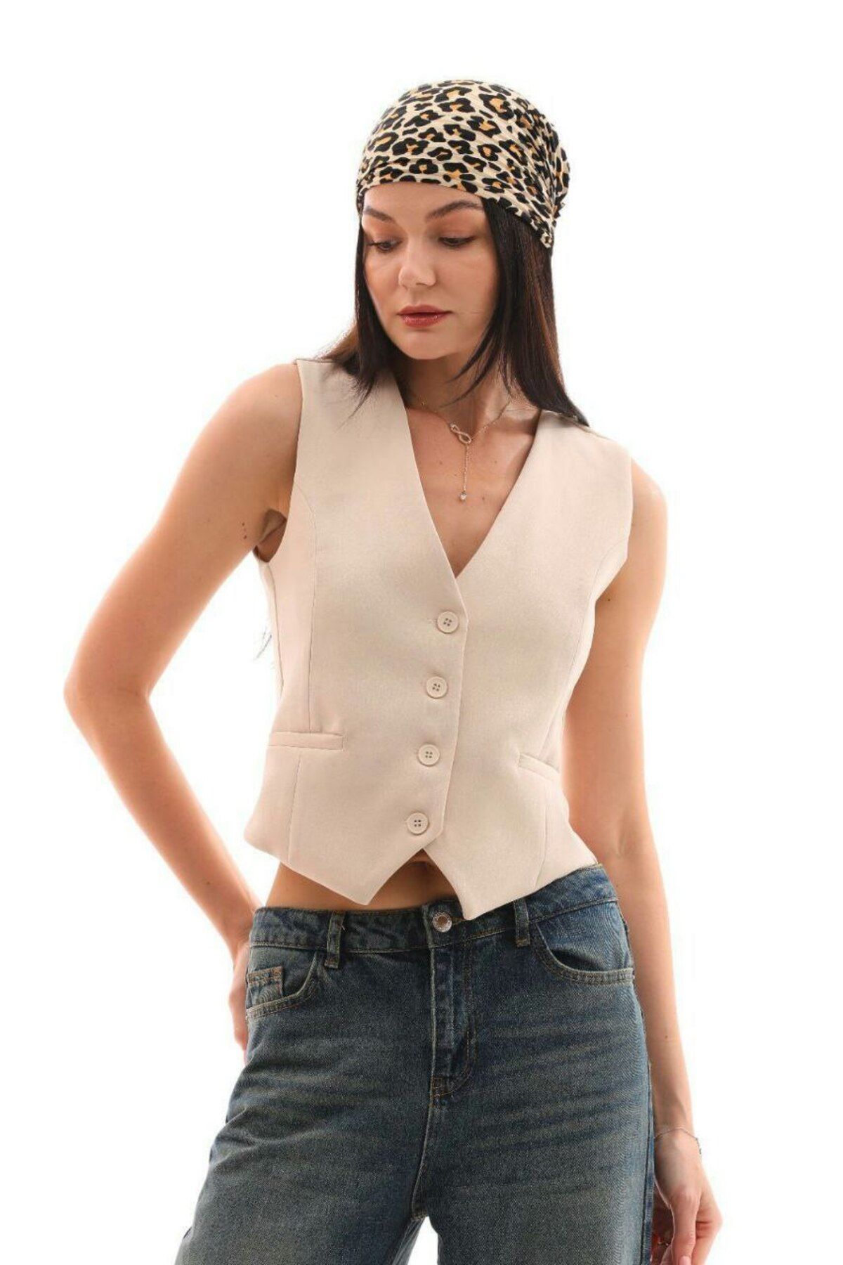 MODESTRIA Krem Astarlı Blazer Kadın Yelek