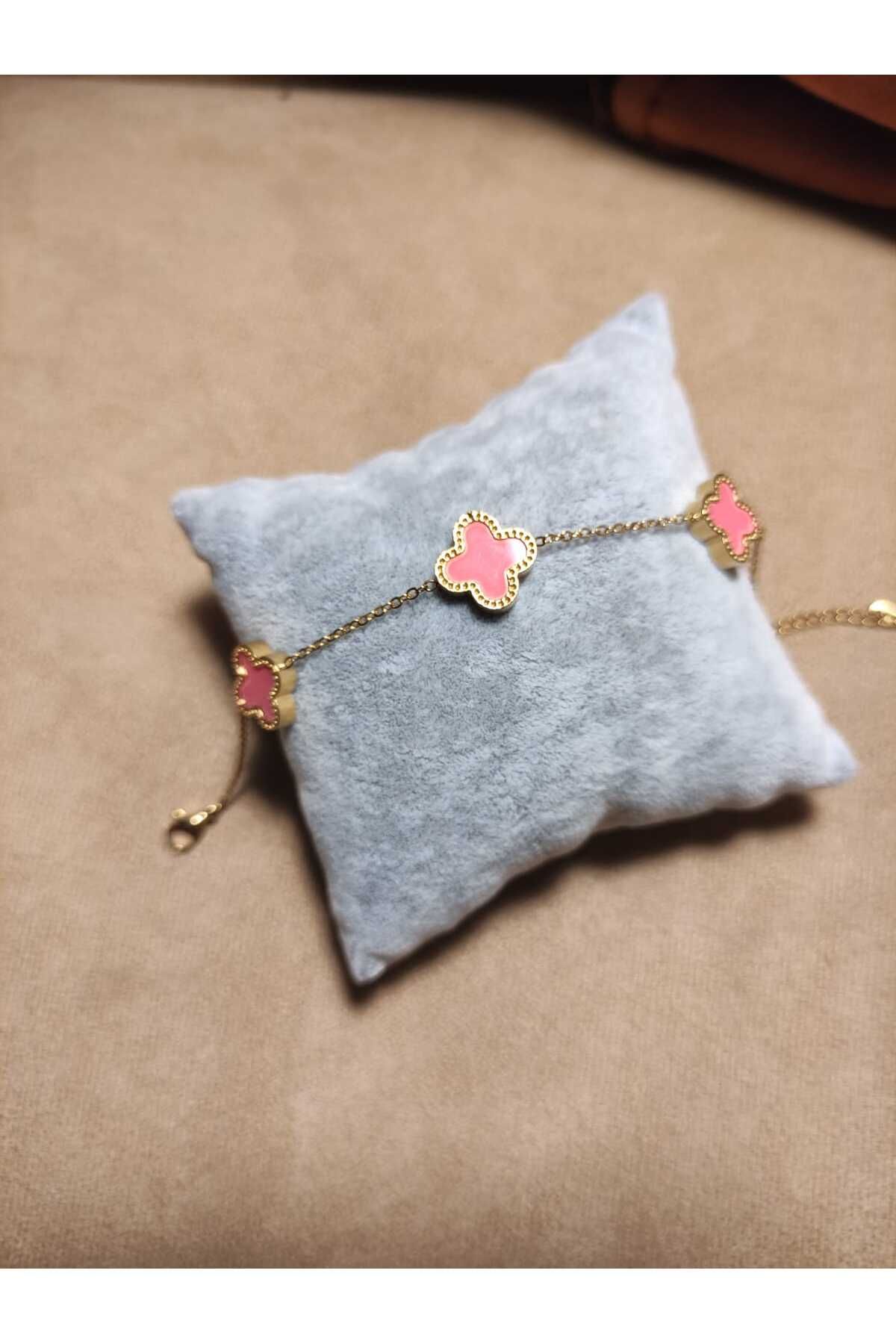 MODA Çelik Gold Renk Kadın Pembe Yonca Bileklik
