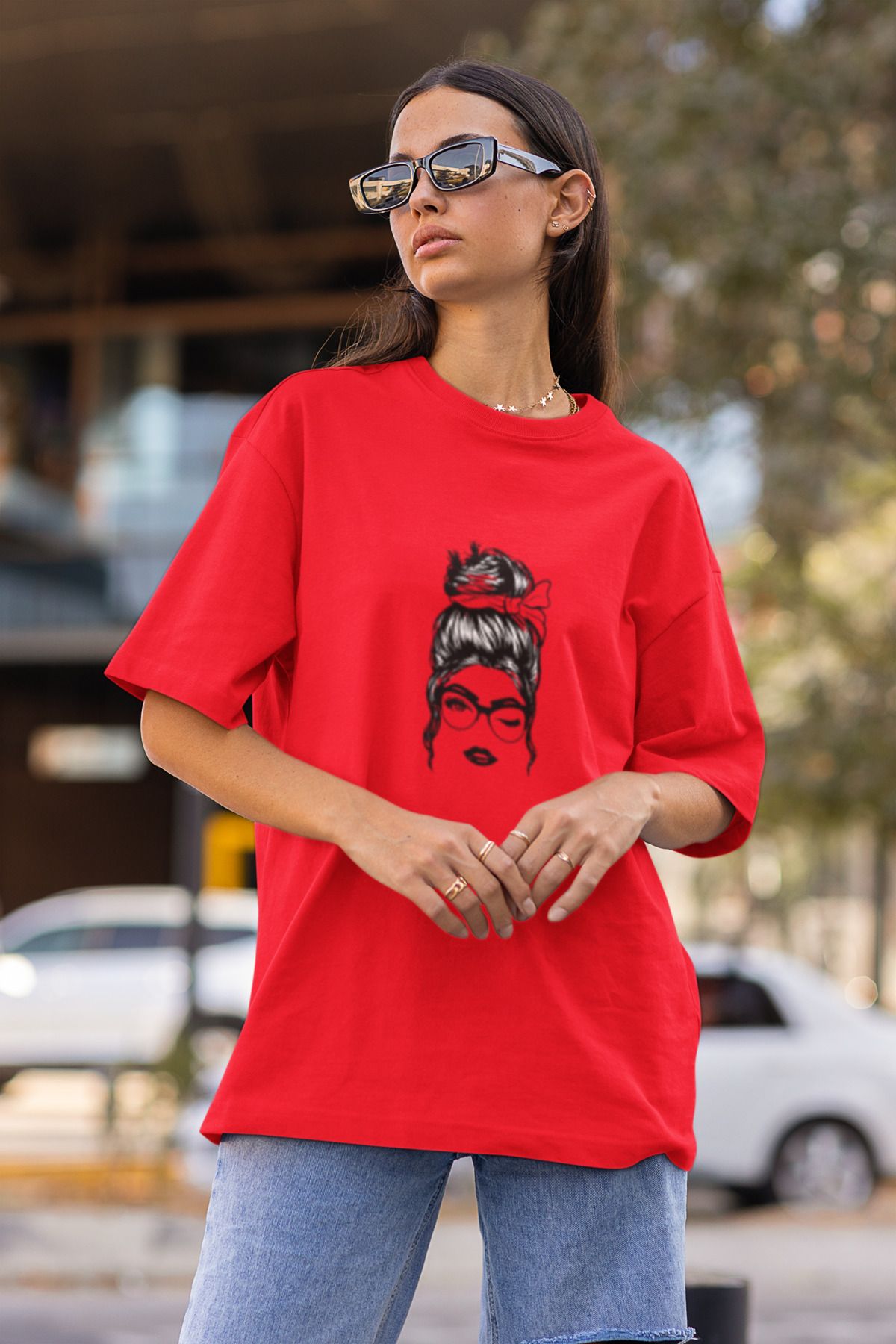 MG KADIN BASKILI KADIN BİSİKLET YAKA PAMUKLU OVERSIZE KALIP KISA KOLLU T-SHIRT