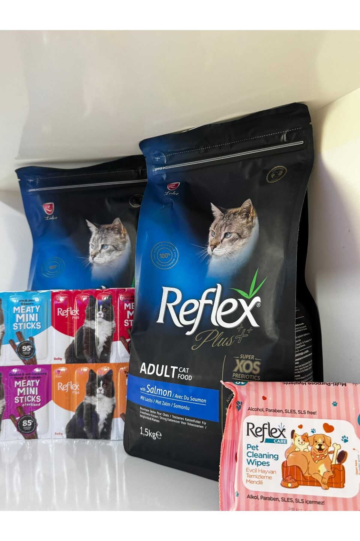 Reflex PLUS 2 Lİ SOMONLU YETİŞKİN KEDİ MAMASI ÖDÜL MAMASI VE TEMİZLEME MENDİLİ SETİ