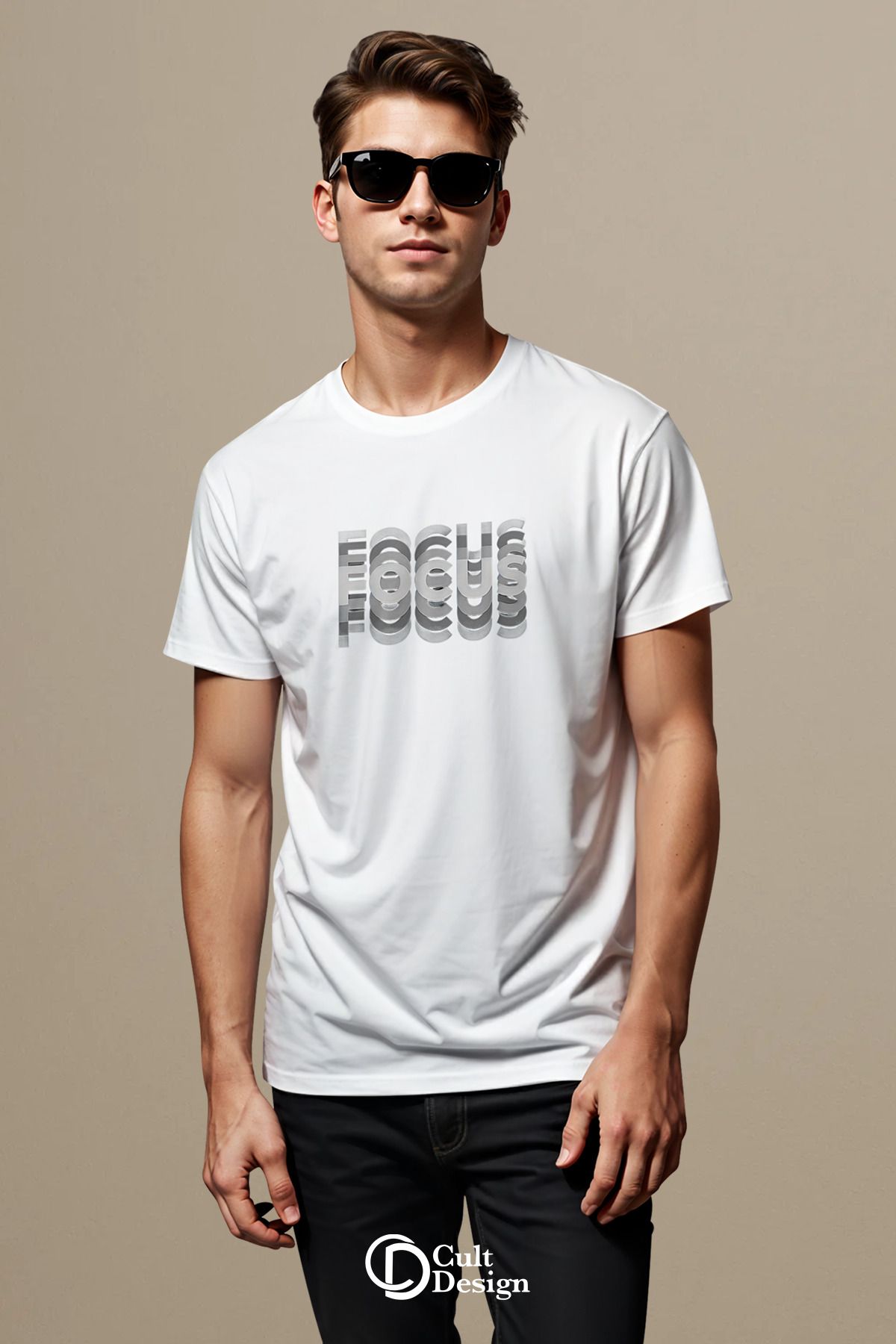 CULTDESİGN FOCUS DETAYLI UNİSEX Özel Premium Baskılı Basic, Organik Pamuklu, Bisiklet Yaka T-Shirt