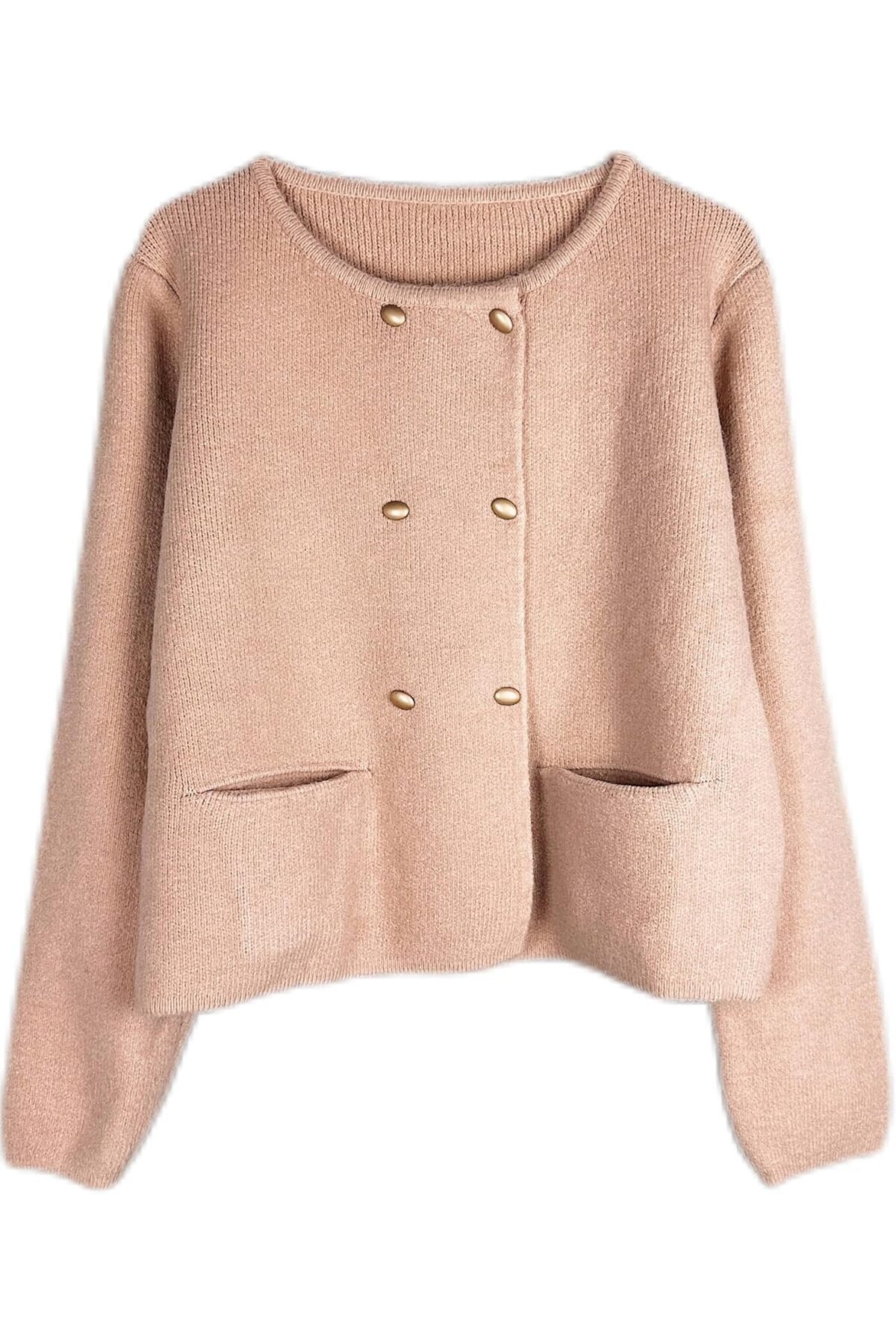 جاكيت صوف طويل بلون الجمل مع أزرار وجيوب للنساء والفتيات من