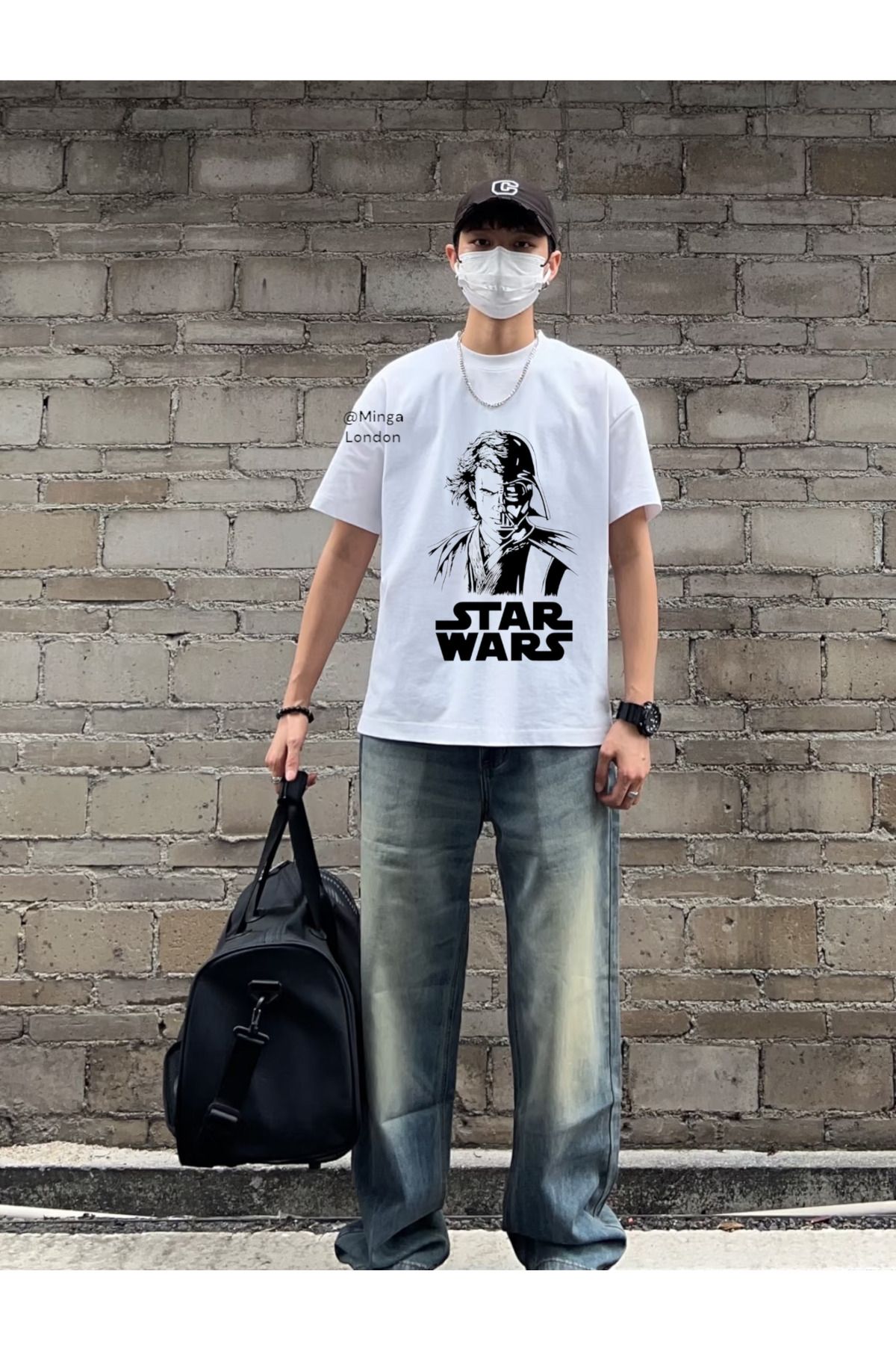 Minga London Beyaz Space Cartoon Ön Baskılı Oversize Unisex T-shirt -mingalondon
