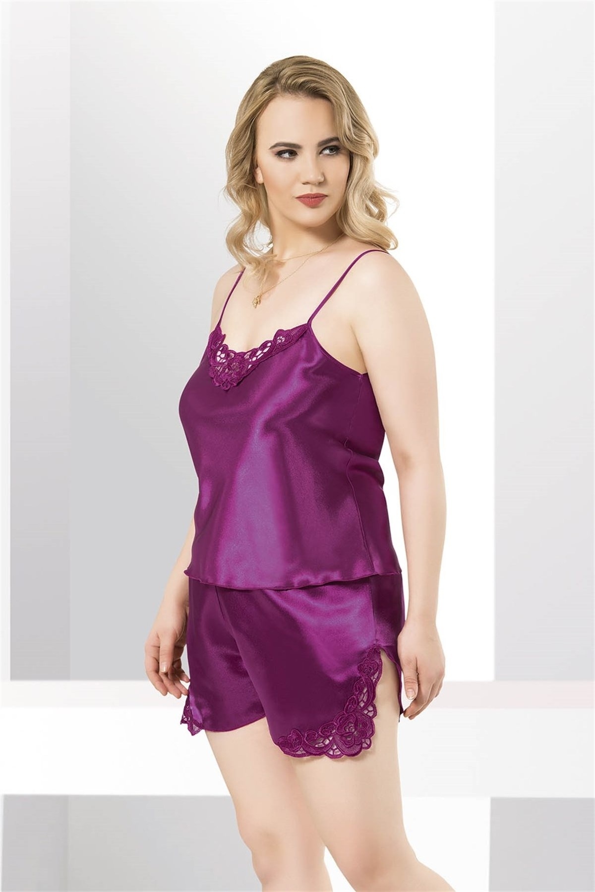 Moda Şahsenem Büyük Beden Mor Saten Babydoll Şort Takımı